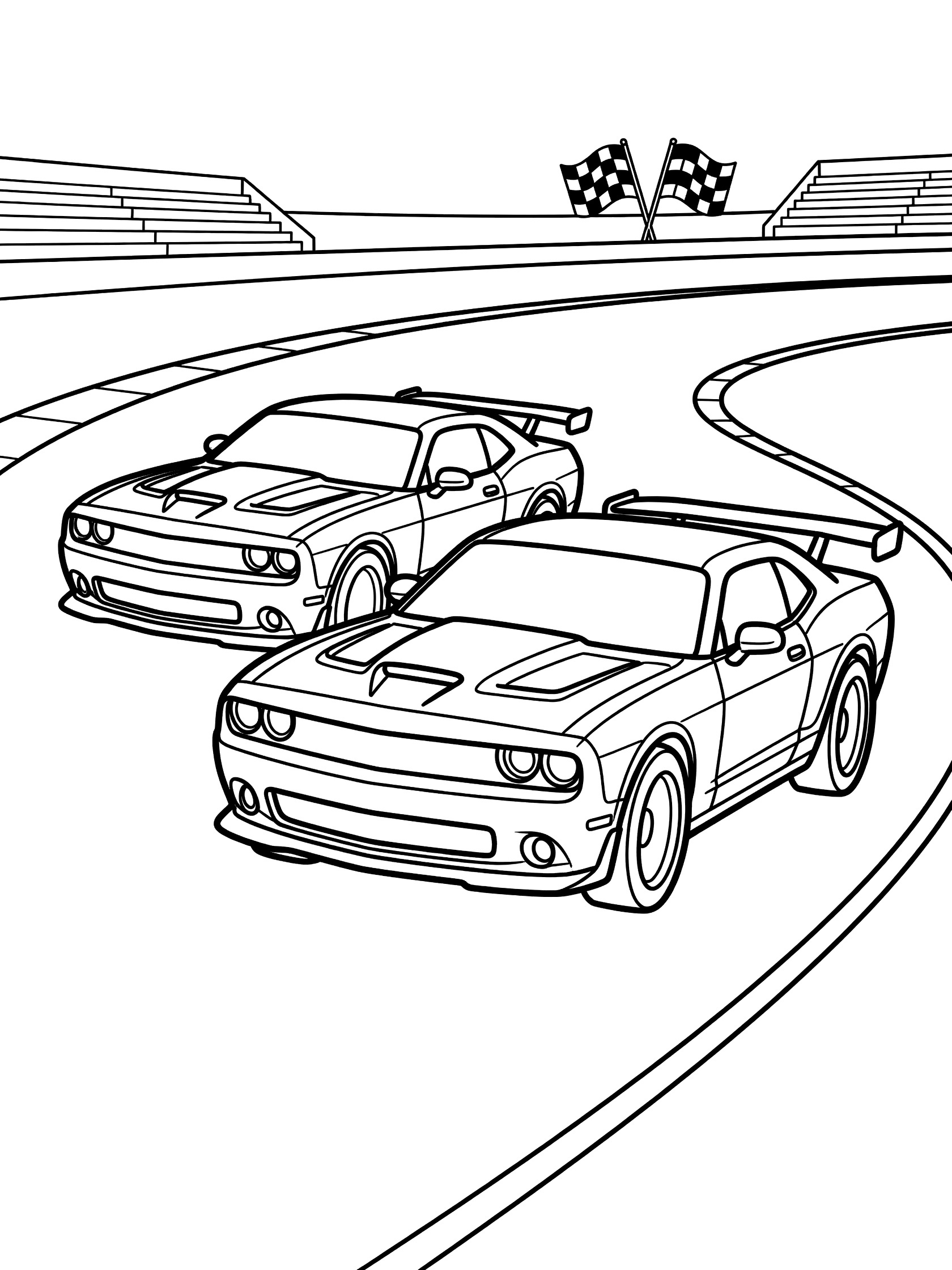 Black and white coloring page of two muscle cars racing on a curved racetrack with checkered flags and grandstands