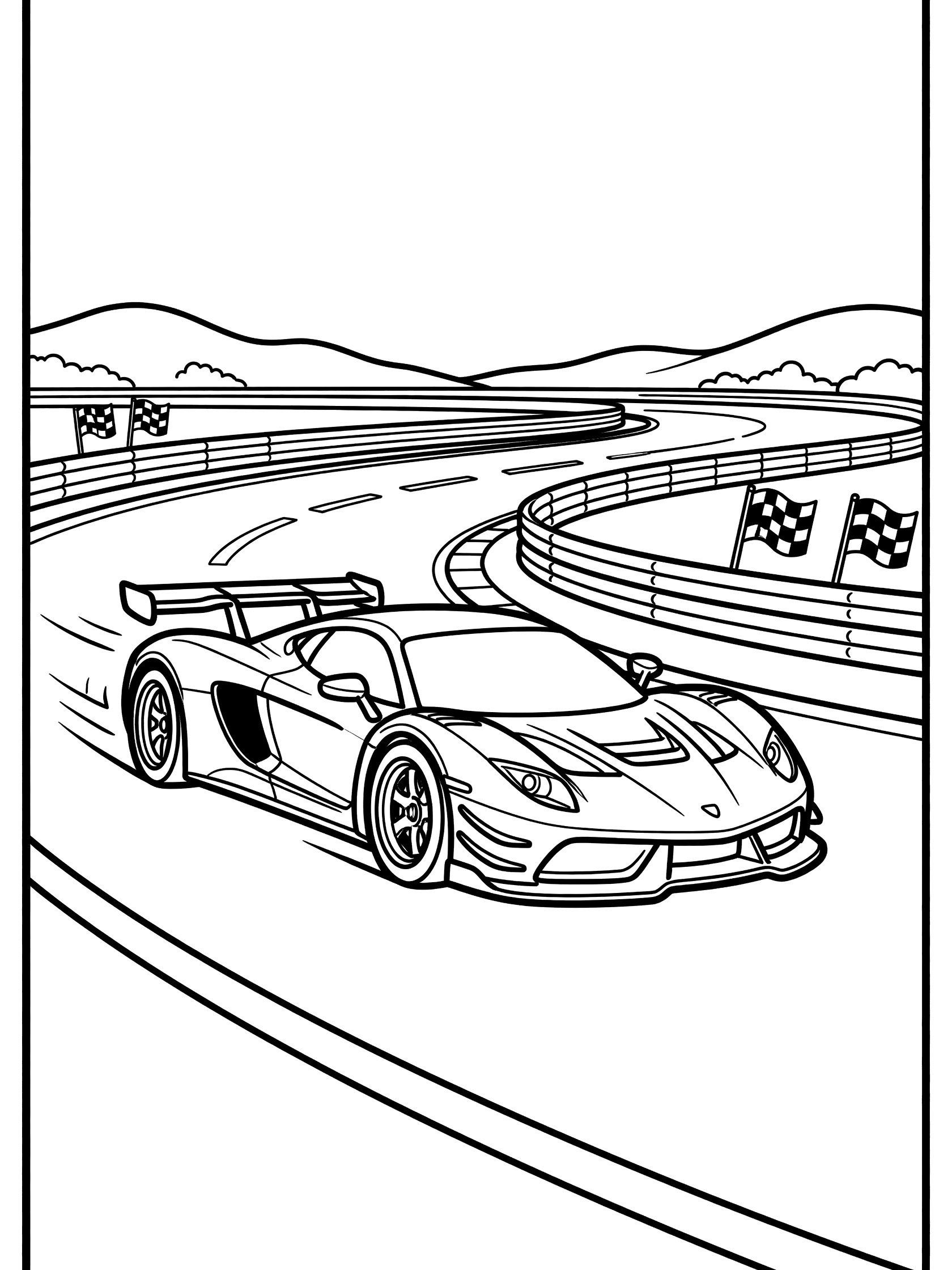 Black and white coloring page of a racing supercar leaning into a turn on a track with lane markings, barriers, checkered flags, and distant hills