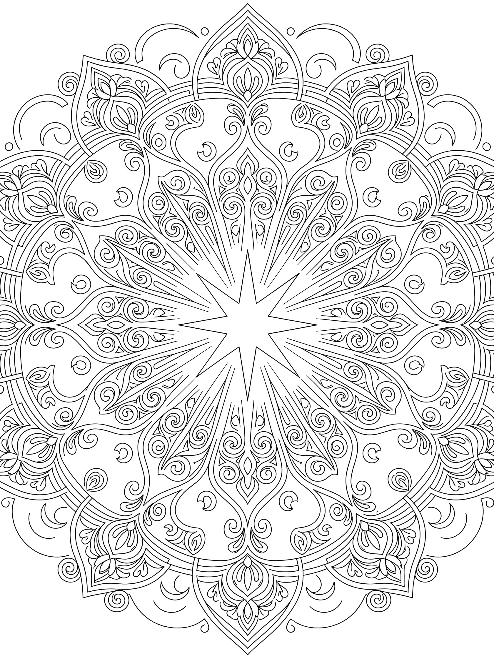 Symmetrical black line art coloring page of a central radiant star mandala with eight points, curving rays, vines, crescent moons, and flourishes on white background.