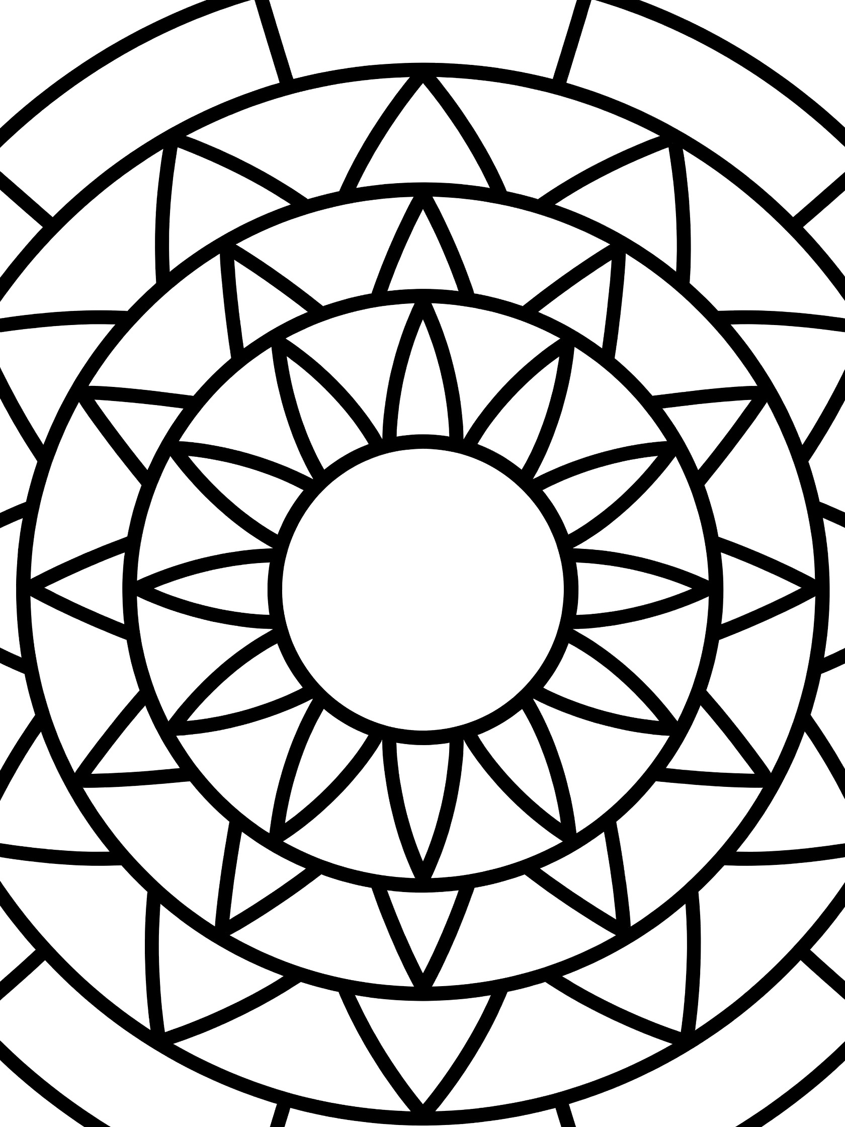 Black and white coloring page of a simple radiant sun mandala with thick outlined rays like petals and layered rings of triangles and curves.