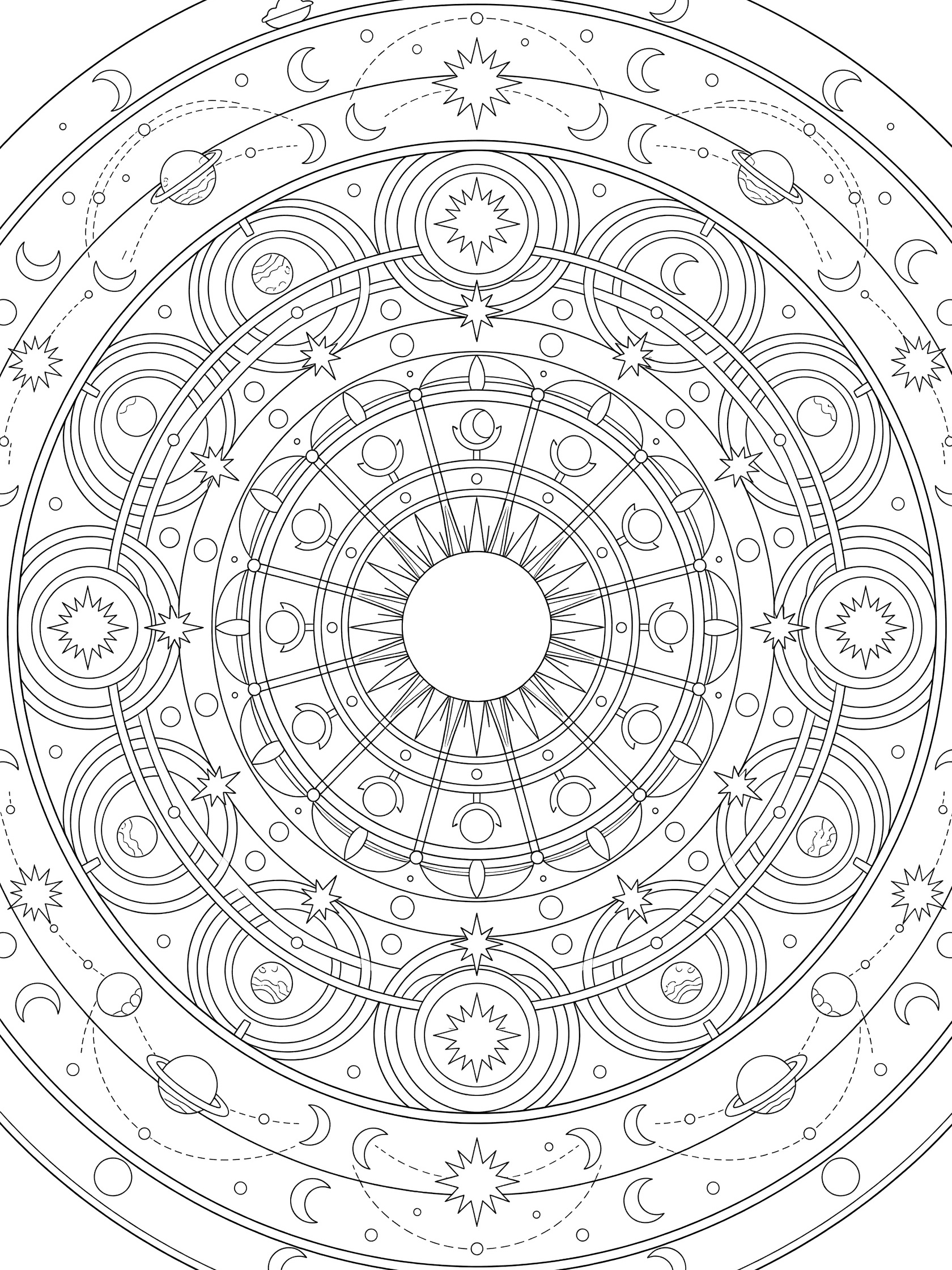 Black and white line art coloring page with central circle bursting into radiating circles, layered rings, starbursts, planets, crescents, and dotted orbital paths in a space mandala design.