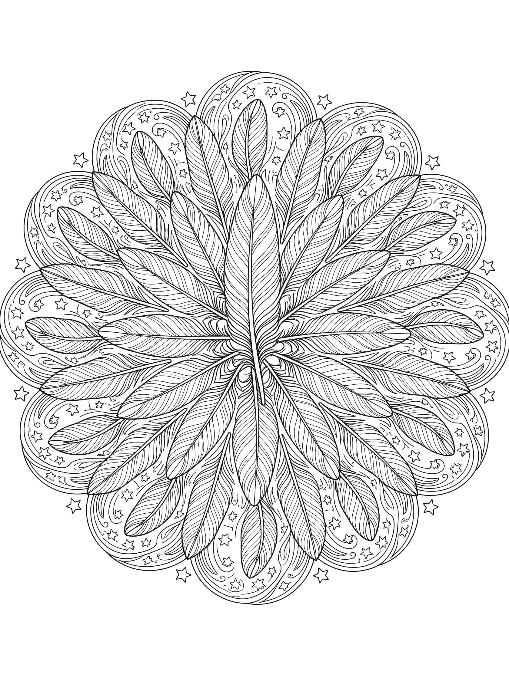 Symmetrical black line art of a radiating feather mandala with layered feathers, vein details, fantasy swirls, and stars on white background.