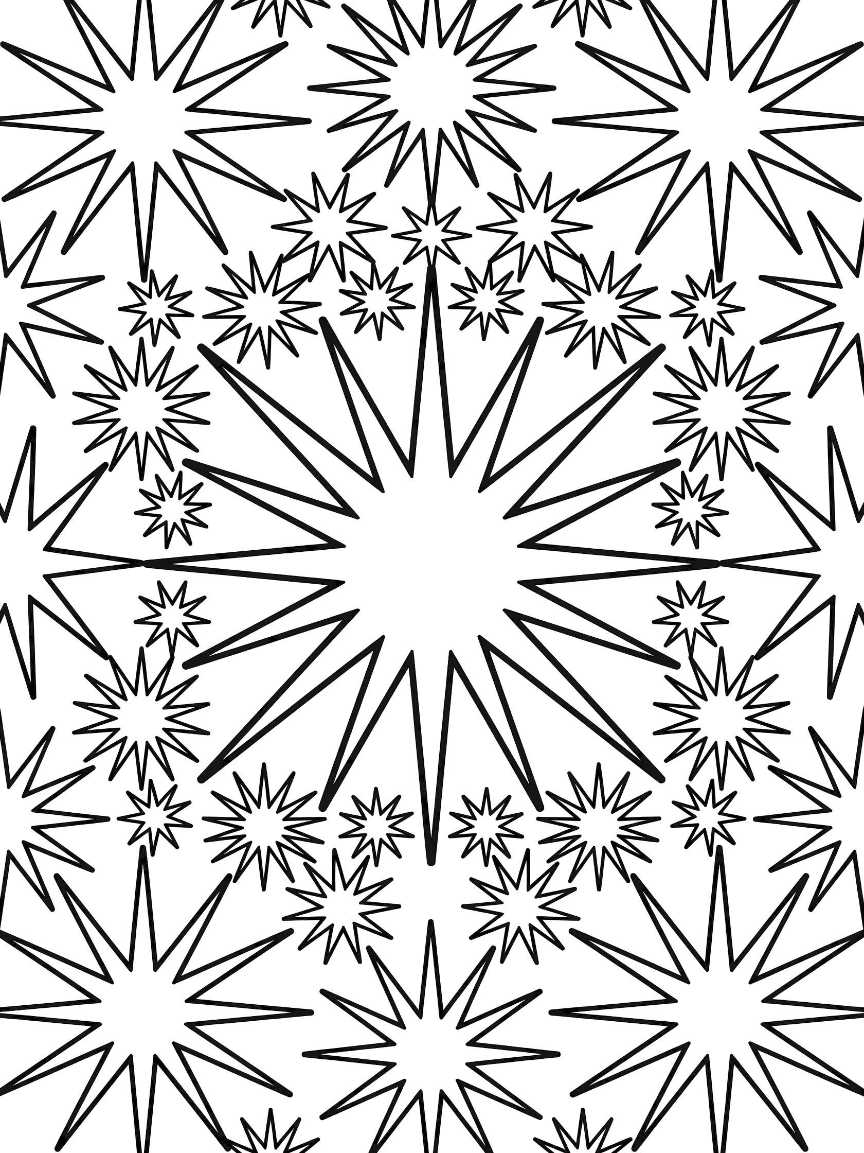 Black and white coloring page of interlocking radiating starburst stars with a large central star exploding outward in geometric symmetry.