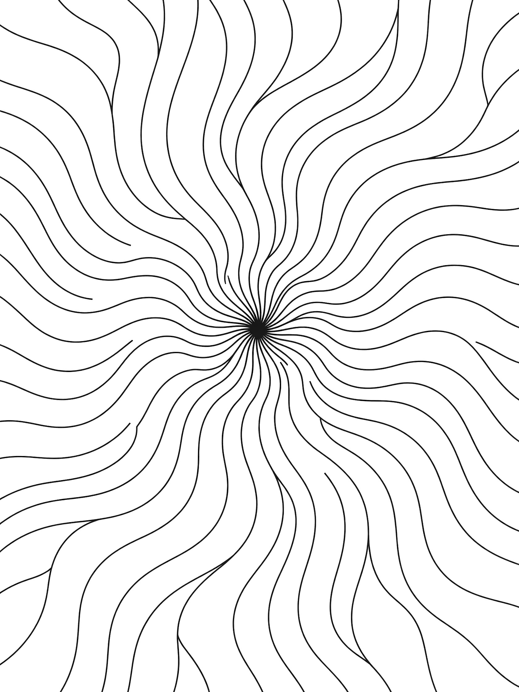 Black and white line art coloring page showing soft curved wavy lines radiating outward from a central point in a starburst pattern.