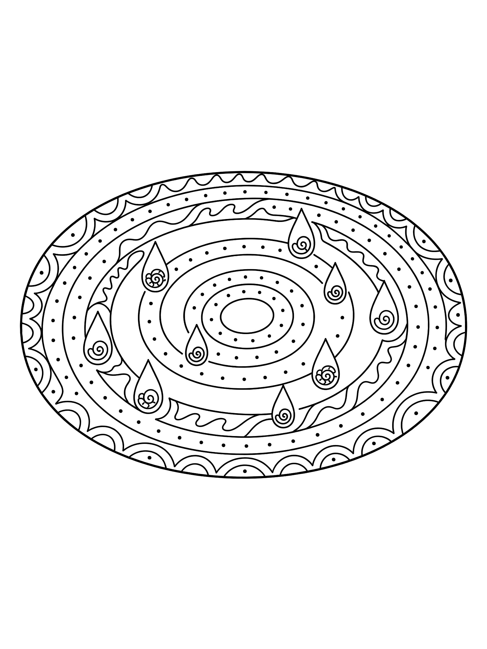 Black and white line art coloring page of a circular rain puddle with concentric ripples, wave patterns, dots, and scattered raindrop shapes in Zentangle style.