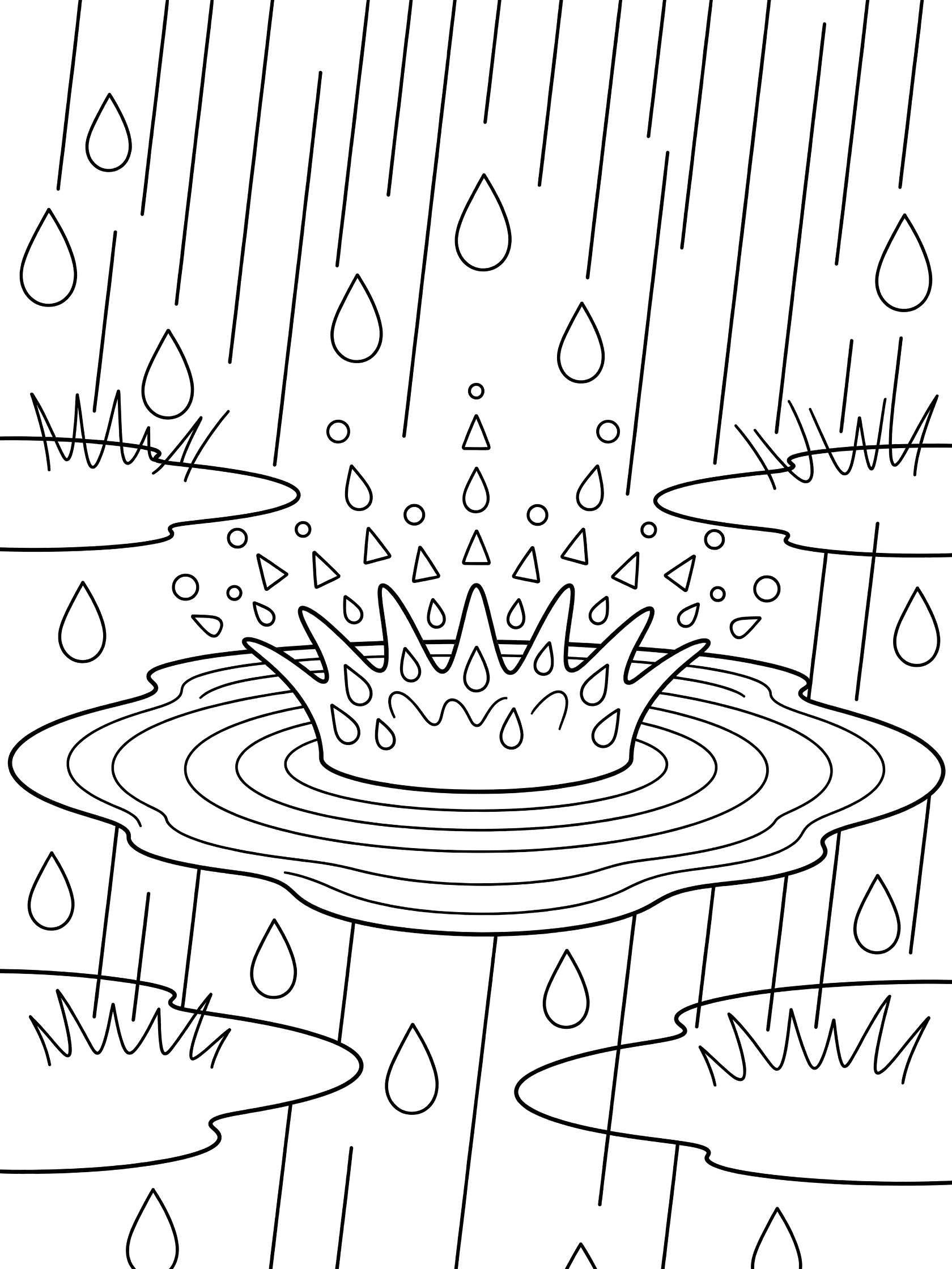 Zentangle line art coloring page showing rain falling and splashing into a central puddle with ripples, droplets, and geometric puddle edges.