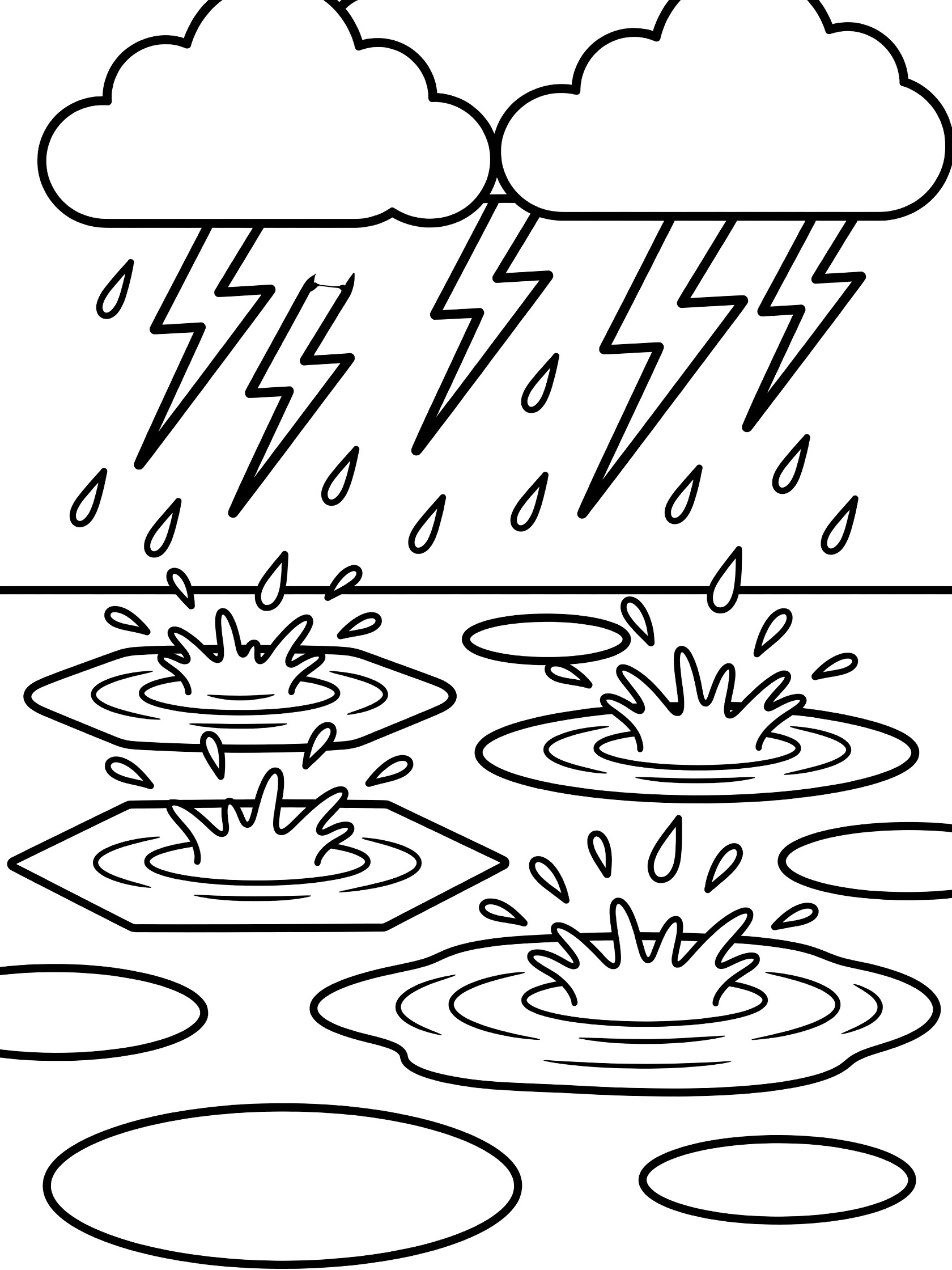 Black and white line art coloring page showing heavy rain clouds, lightning bolts, raindrops falling, and large puddles with splashes and ripples on the ground. Thunderstorm themed black and white printable line art