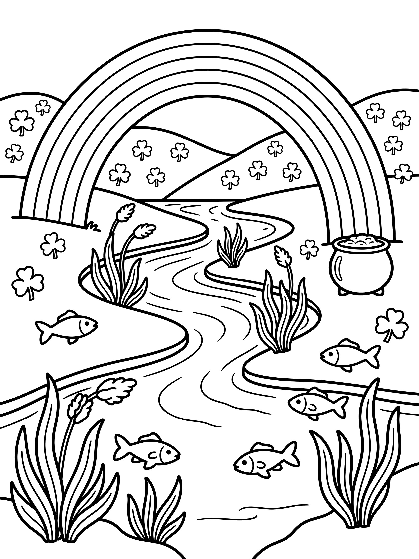 Black and white coloring page of a thick-lined rainbow over a river showing underwater fish, pot of gold, aquatic plants, green hills and shamrocks for St. Patrick's Day