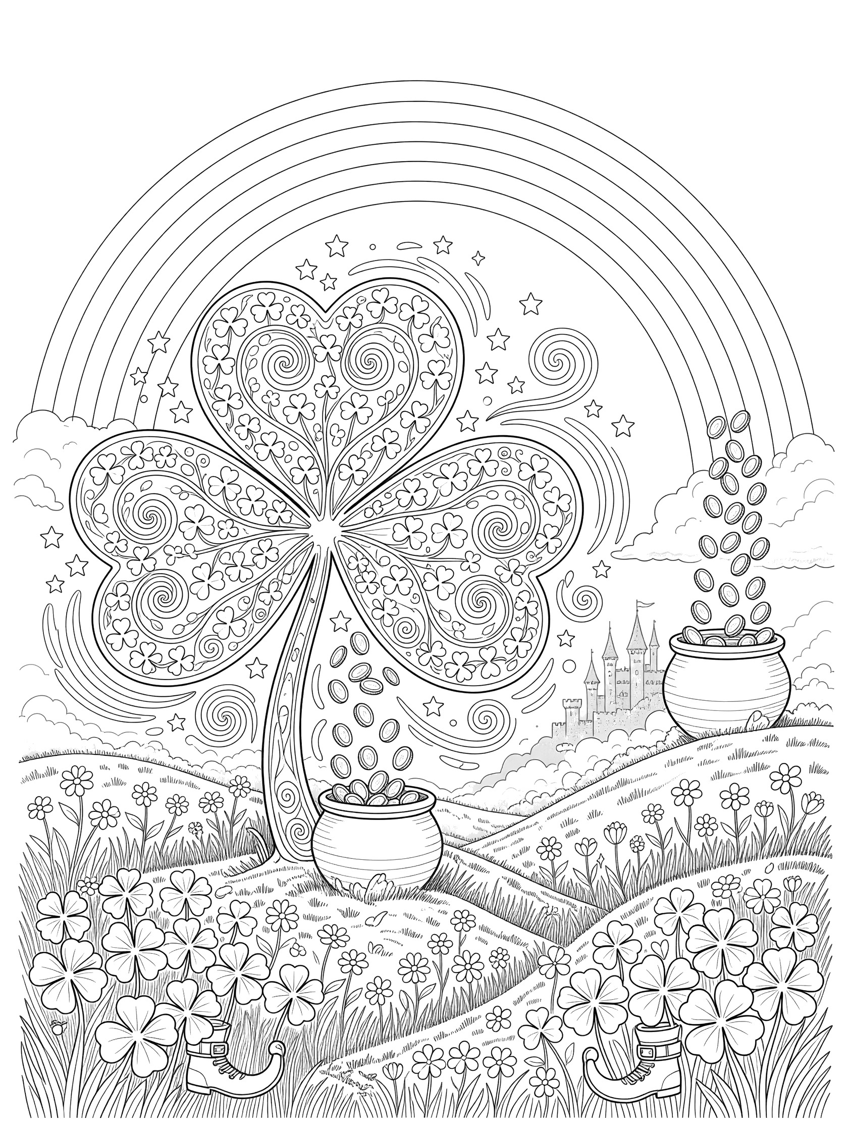 Black and white line art coloring page showing a large shamrock plant under a rainbow arch, pot of gold coins at the base, rolling hills, flowers, clouds, and castle.