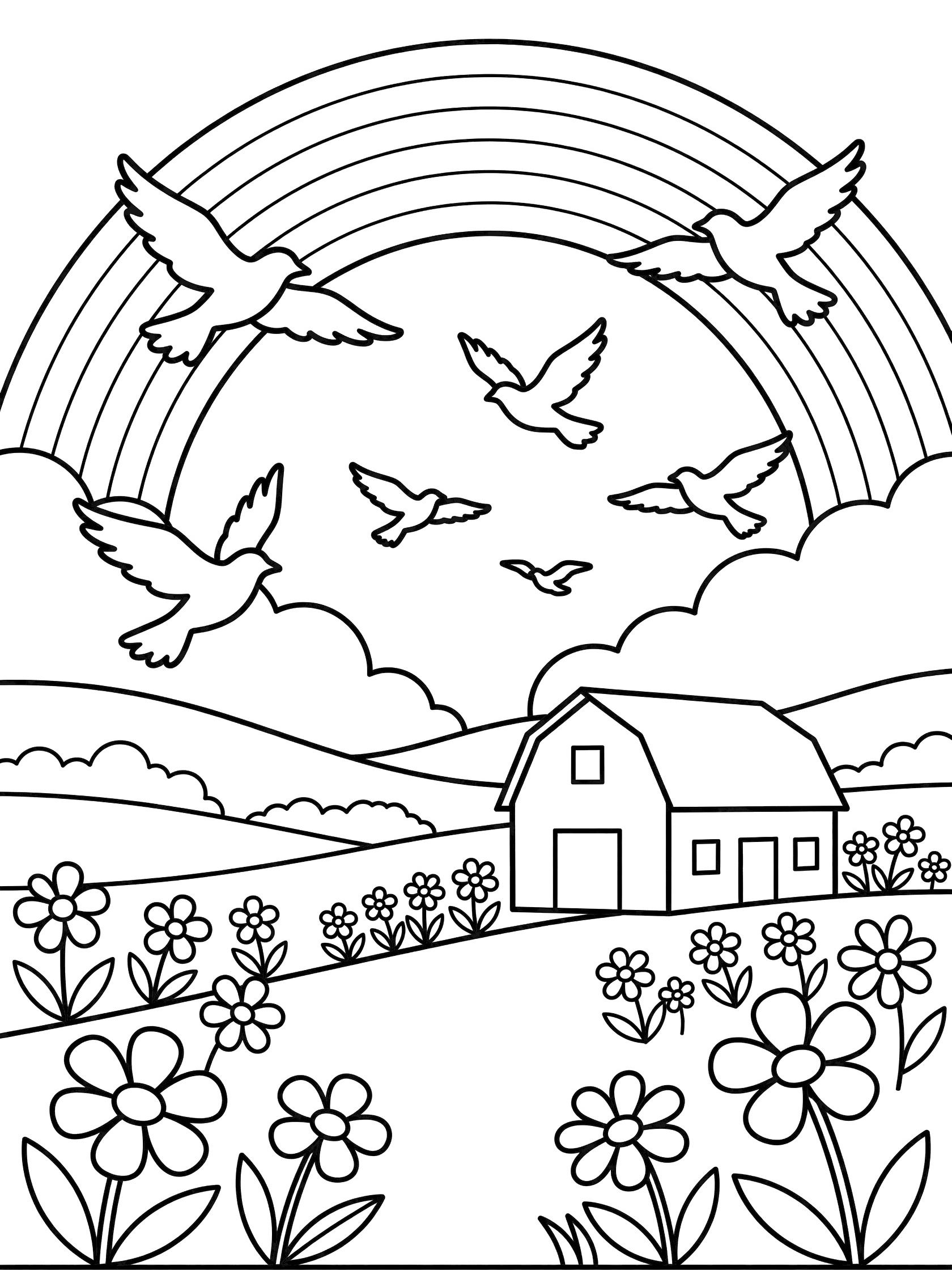 Black and white line art coloring page showing a large rainbow arching over flying birds a red barn in a valley with hills wildflowers and clouds.