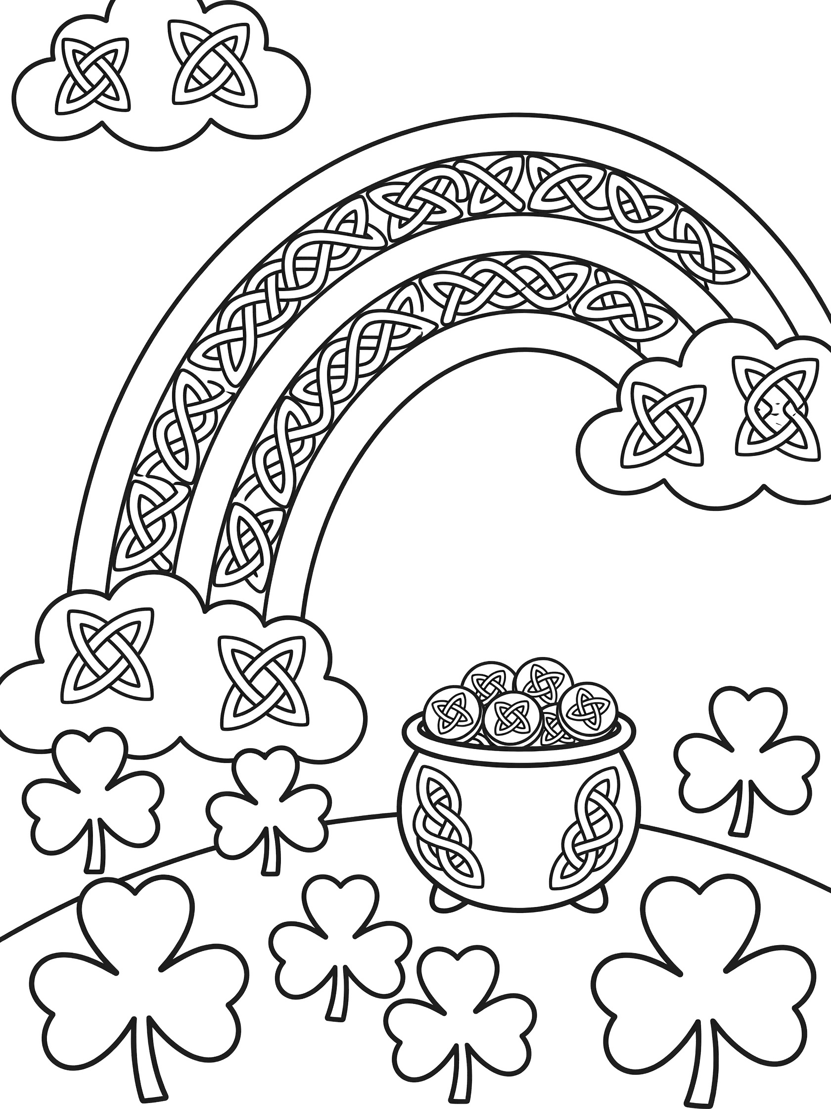 Black and white line art coloring page showing a rainbow made of Celtic knots over a pot of gold filled with coins, surrounded by shamrocks, with Celtic knot clouds.