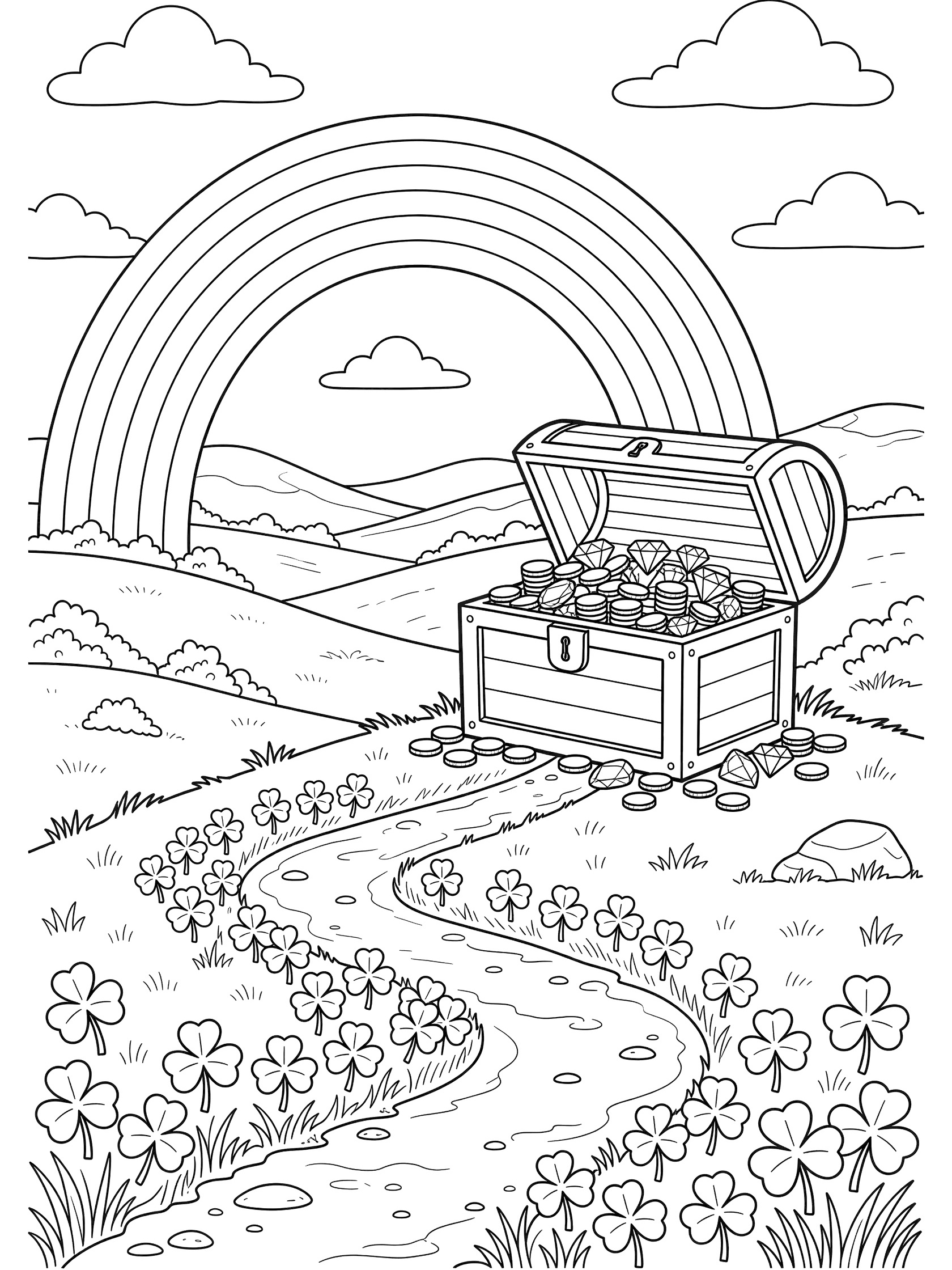 Line art coloring page showing a bold rainbow ending at an open treasure chest overflowing with coins and gems on a grassy hill, with a shamrock-lined path, hills, and clouds.