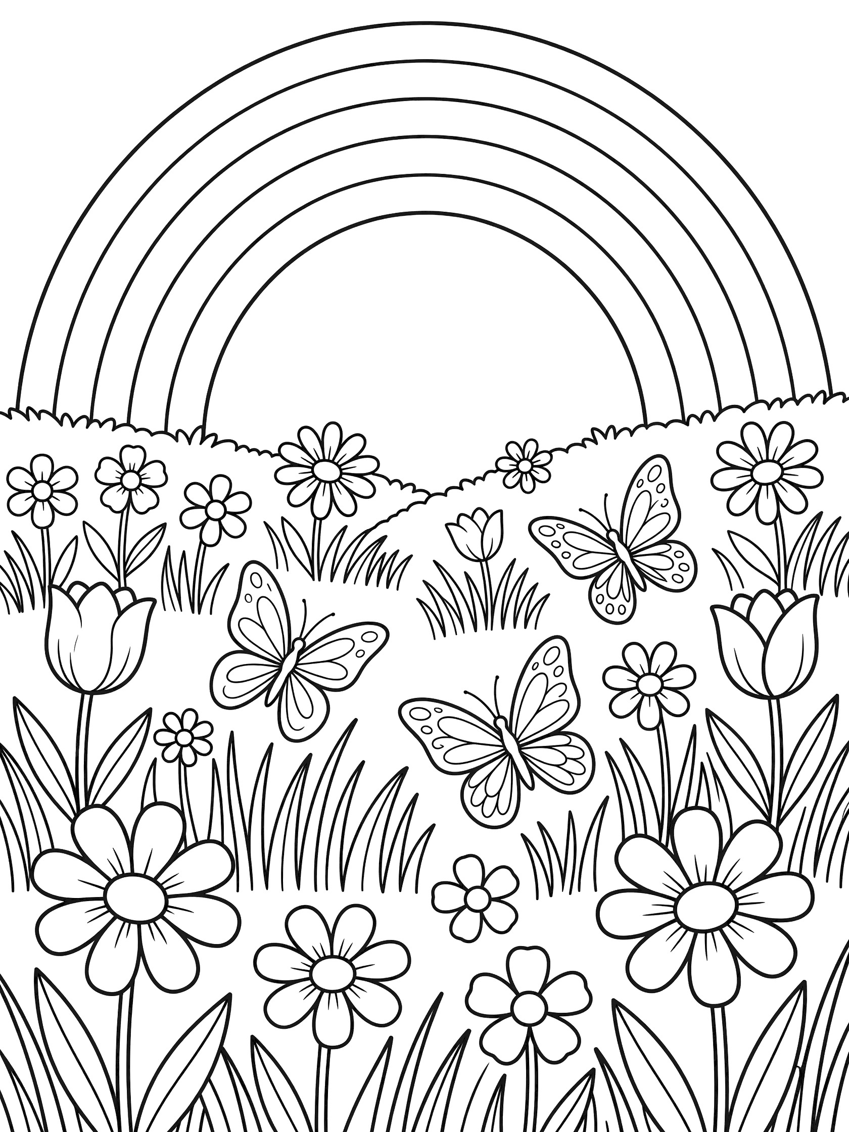 Black and white line art coloring page showing a large arched rainbow over rolling hills filled with daisies, tulips, butterflies, and tall grass.