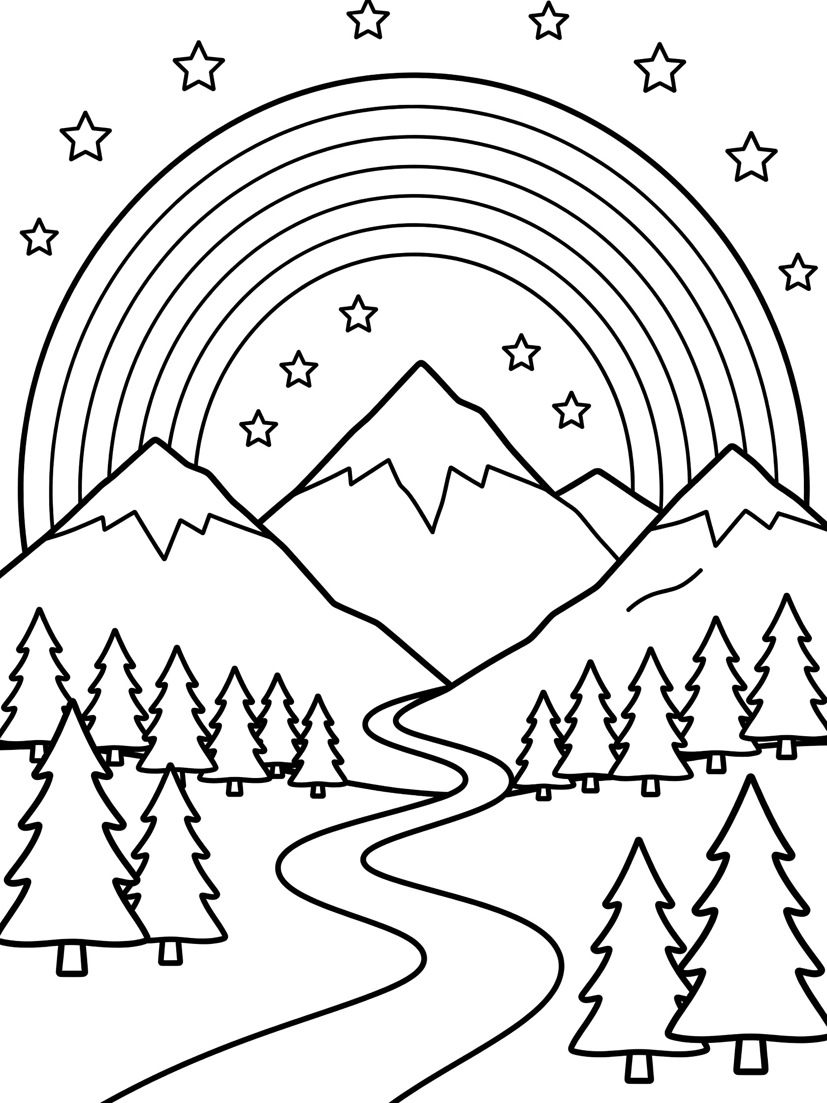 Black and white line art coloring page showing a bold rainbow curving over jagged mountain peaks, pine trees at the base, winding path up the mountain, and stars above.
