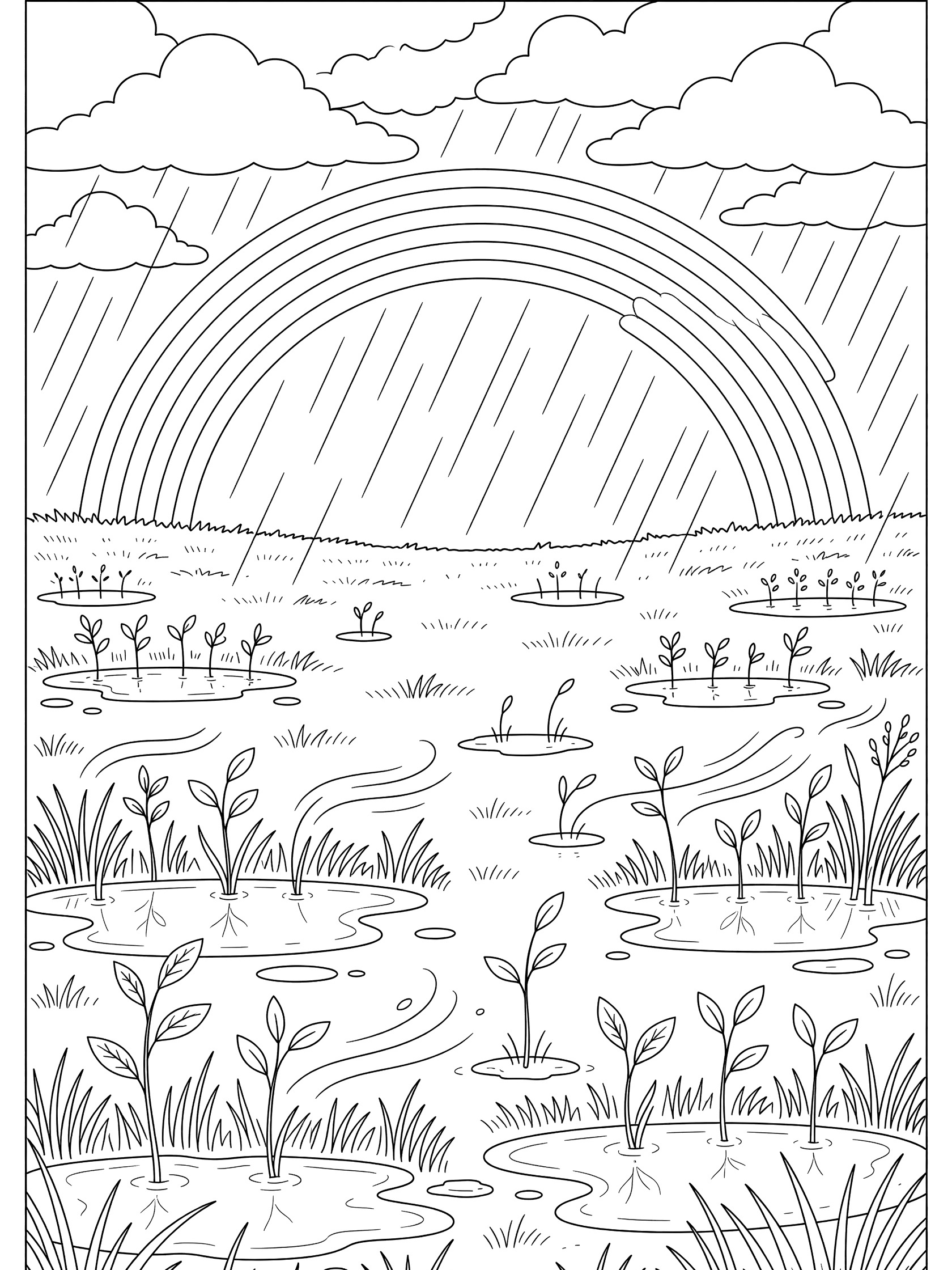 Black and white line art of a rainbow over a meadow with rain, dark clouds, puddles, grass, and young plants