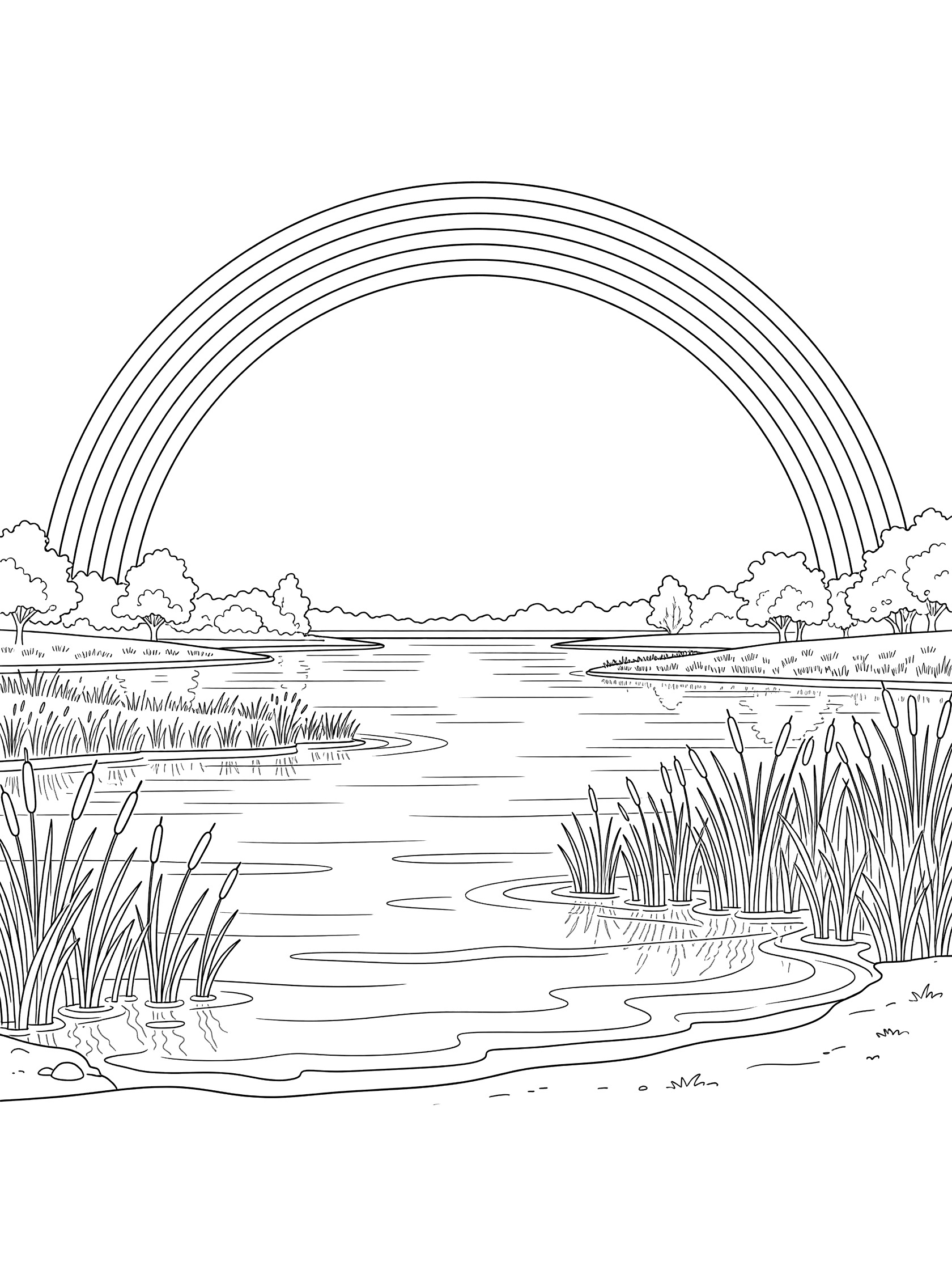 Black and white line art coloring page of a double rainbow arching over a calm river surrounded by reeds and distant trees with waves on the shore.