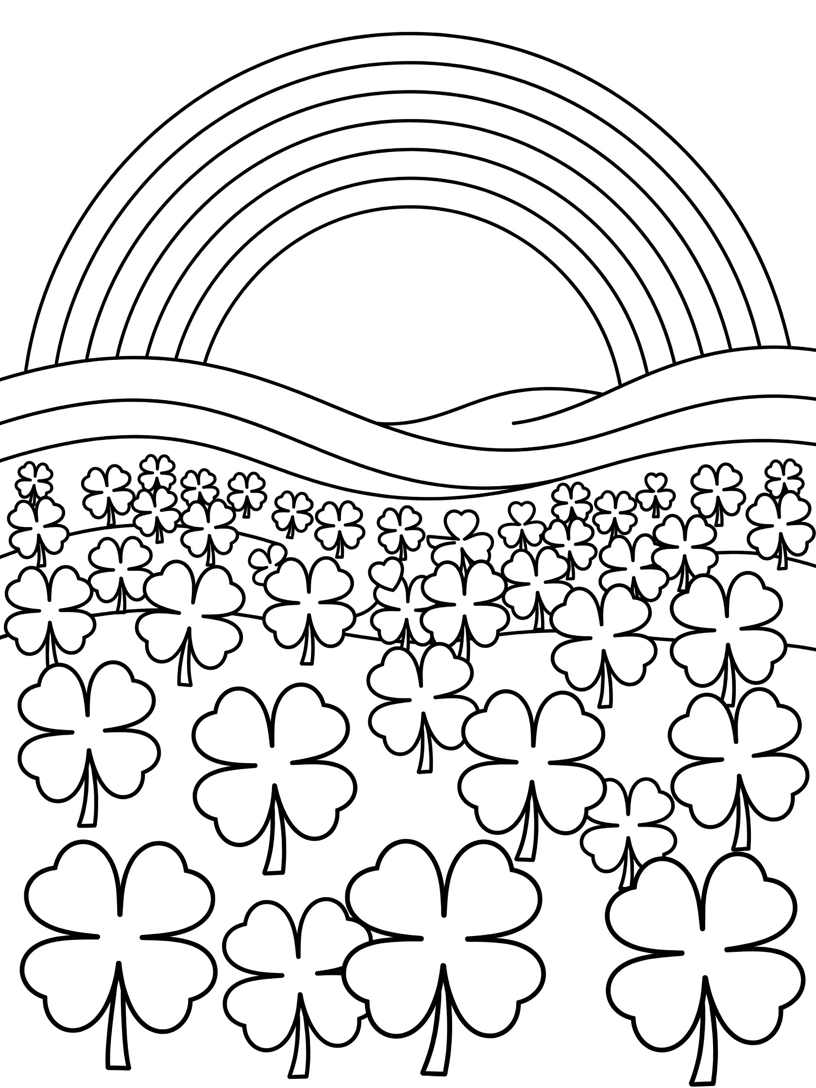Black and white line art coloring page showing a large rainbow over a field full of four-leaf shamrocks and gentle hills in the background.