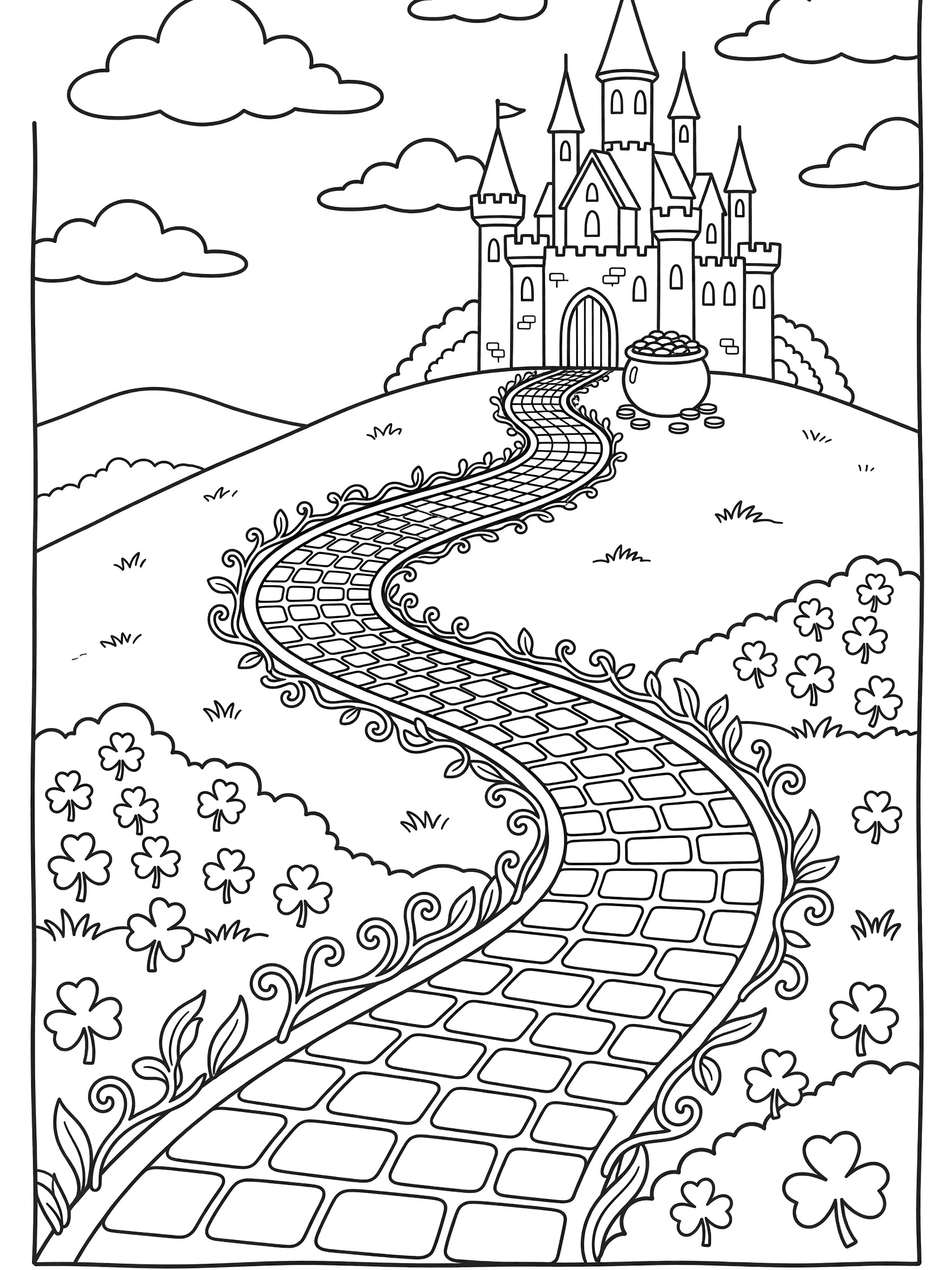 Printable coloring page showing a rainbow brick path winding up hills to a castle topped with a pot of gold, surrounded by shamrocks and fluffy clouds.