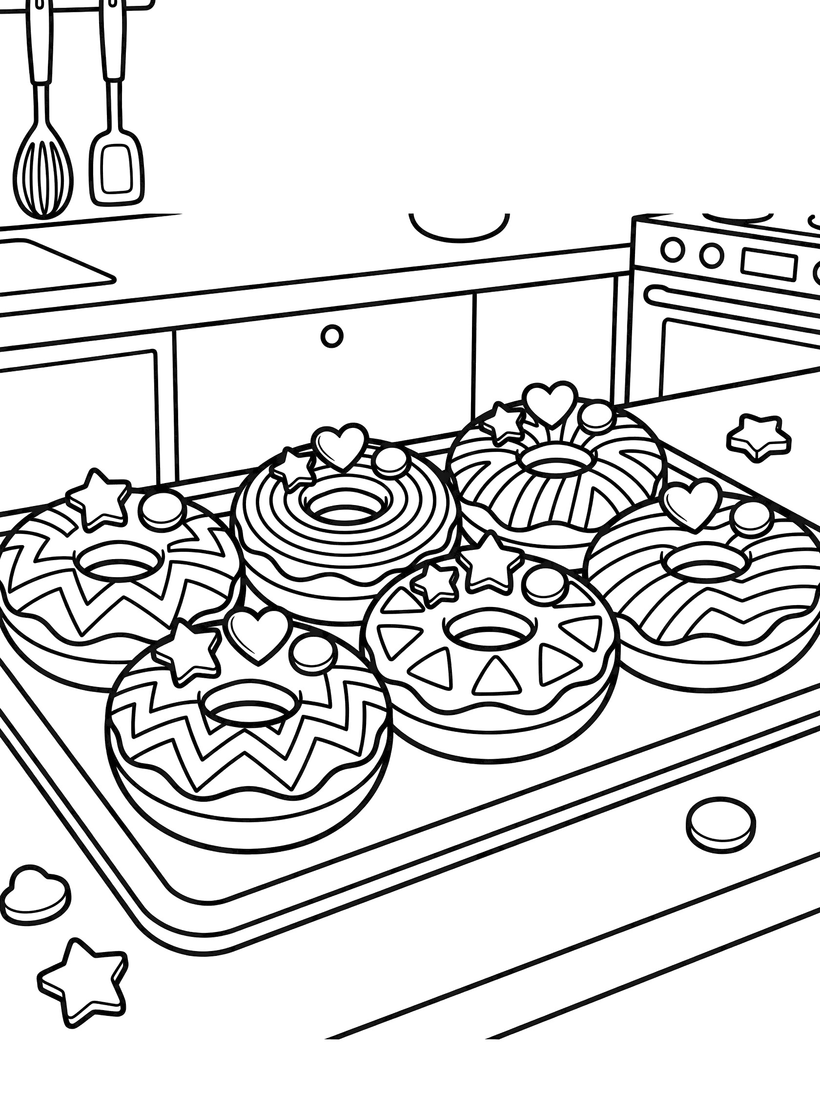 Black and white coloring page showing a row of six donuts on a tray with zigzag, triangle, circle icing patterns, hearts, stars and candy pieces in a kitchen scene.