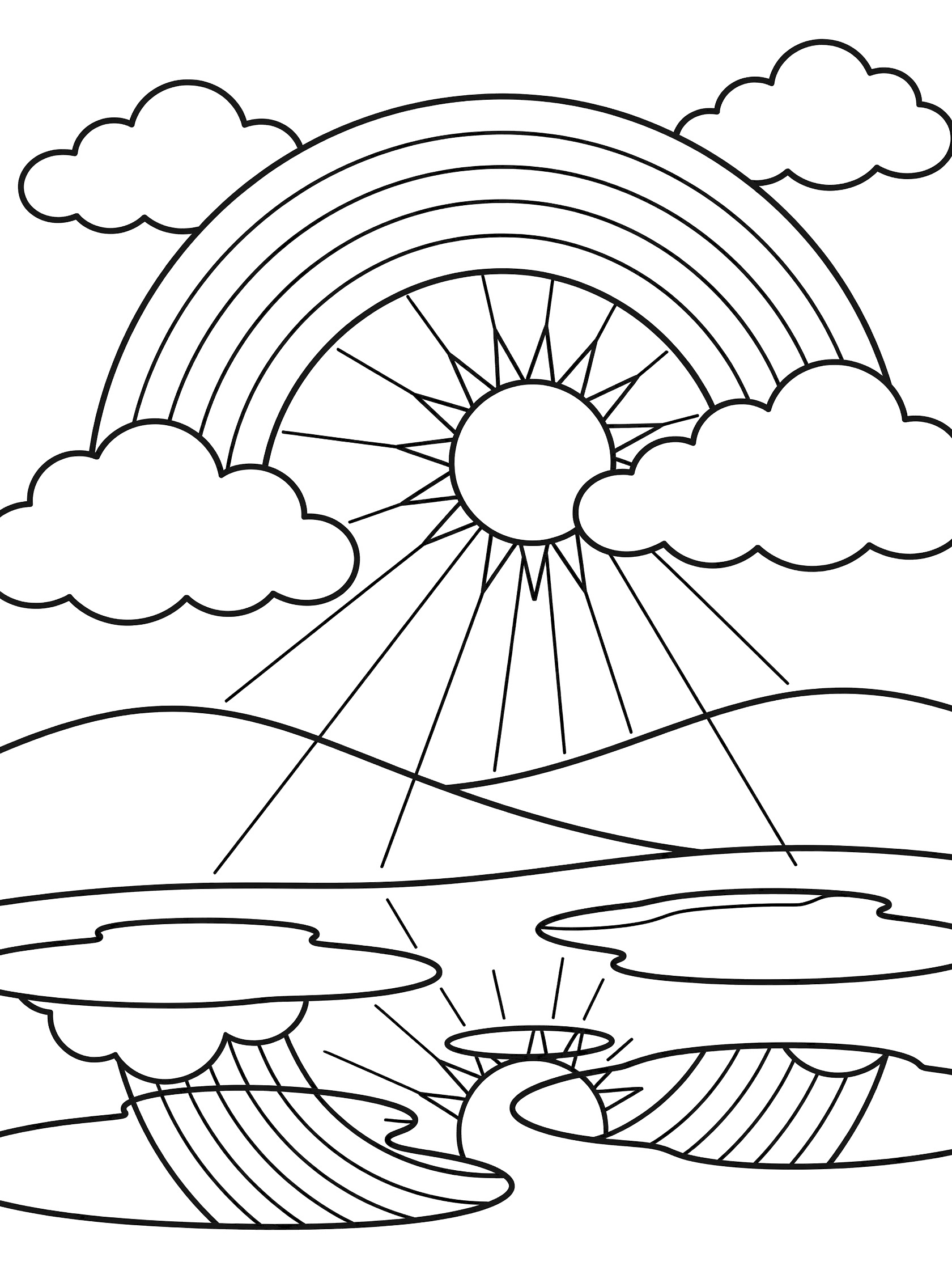 Black and white line art coloring page showing a large rainbow behind fluffy clouds with a shining sun and rays over hills and a lake with rainbow reflections