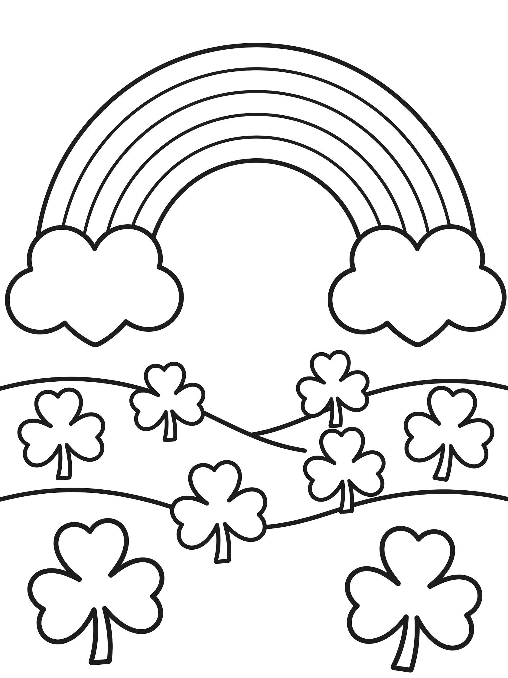 Printable coloring page showing a rainbow between two cloud hearts above rolling hills dotted with shamrocks for St. Patrick's Day