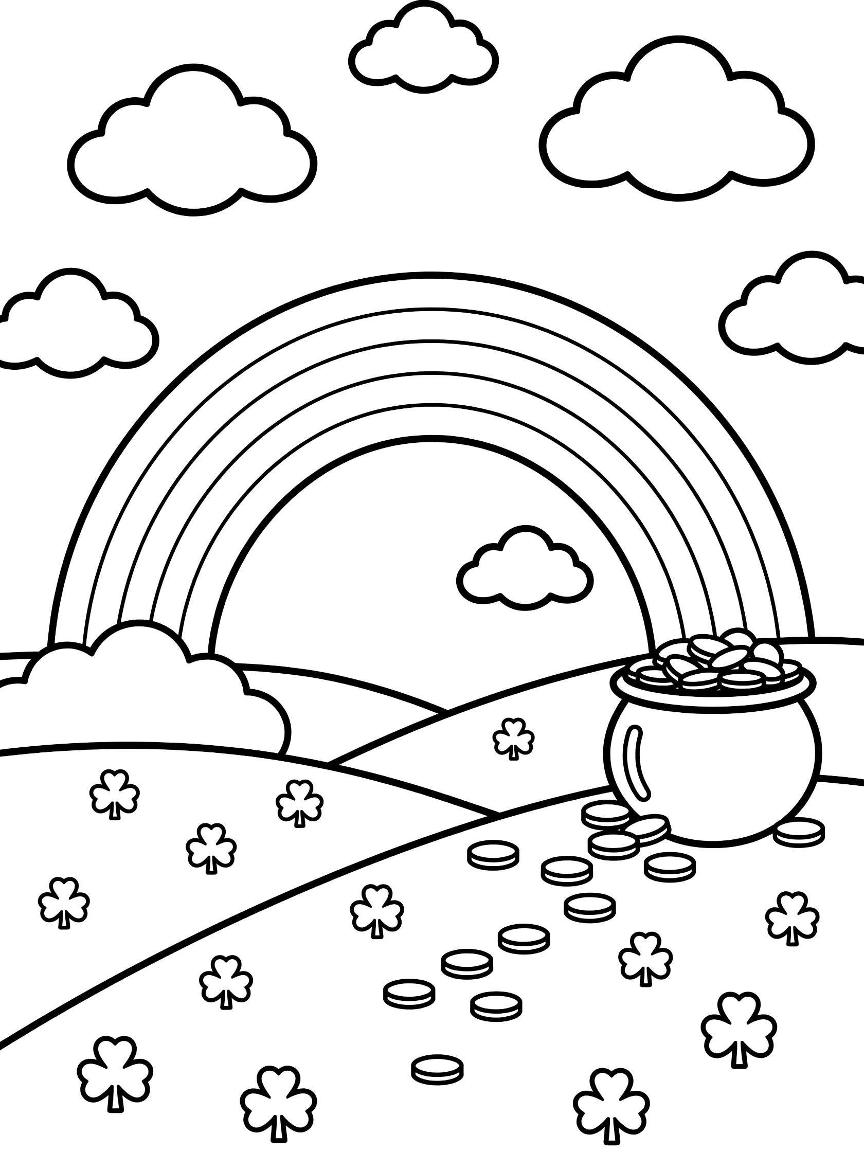 Black and white line art coloring page showing a large rainbow, pot of gold overflowing with coins, scattered shamrocks on green hills, and fluffy clouds.
