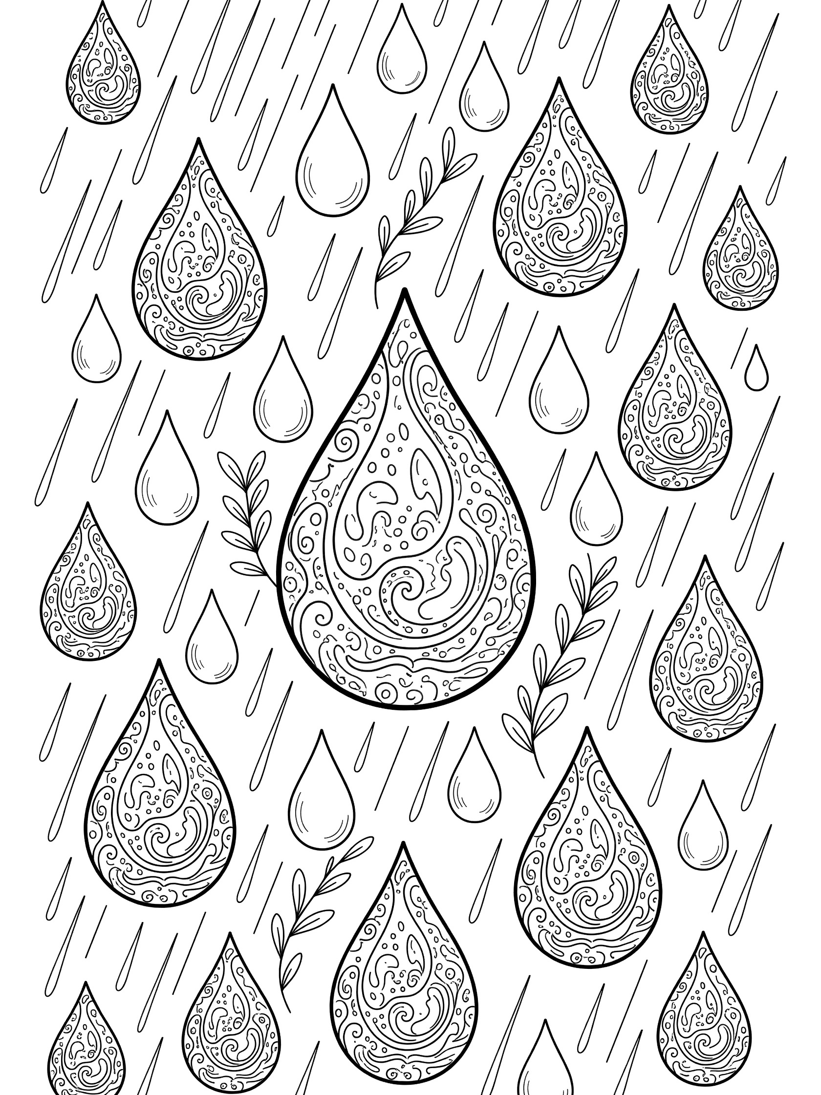 Black and white Zentangle coloring page of rain with a large central raindrop filled with swirls and patterns, surrounded by smaller drops and falling streaks.