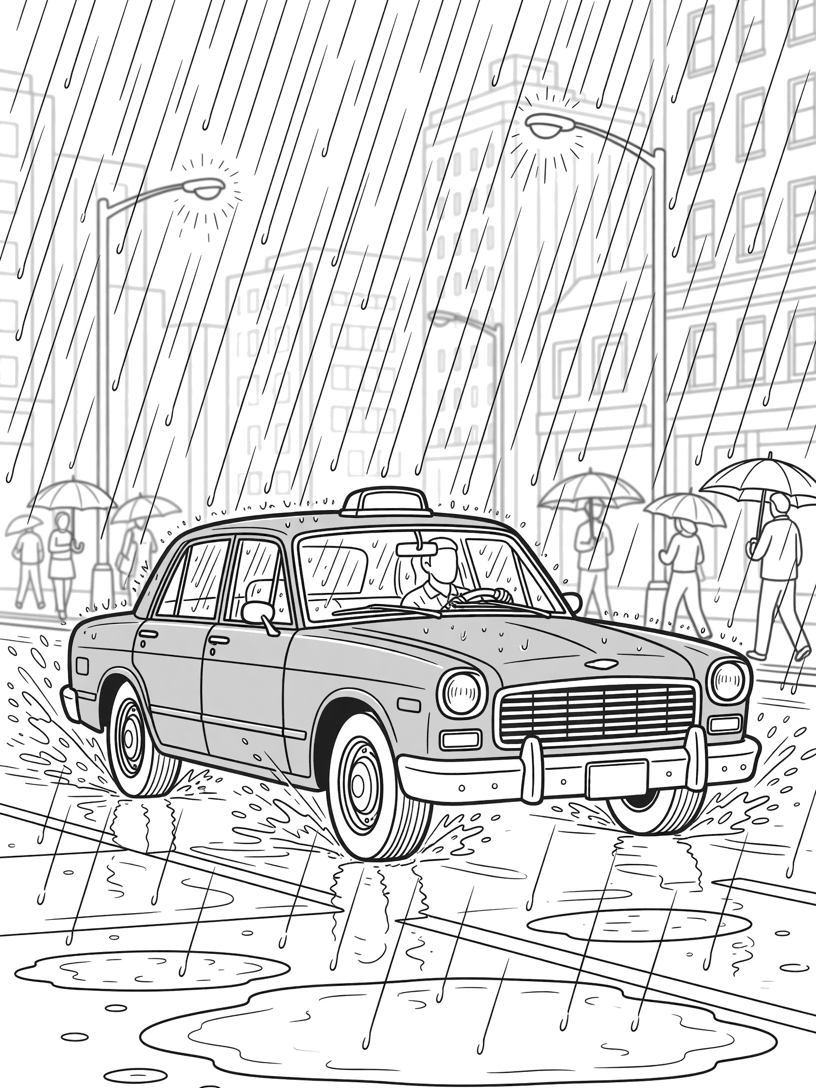 Black and white line art coloring page of a classic yellow taxi cab on a wet city street in the rain, with puddles, umbrellas, driver, passenger, and buildings.