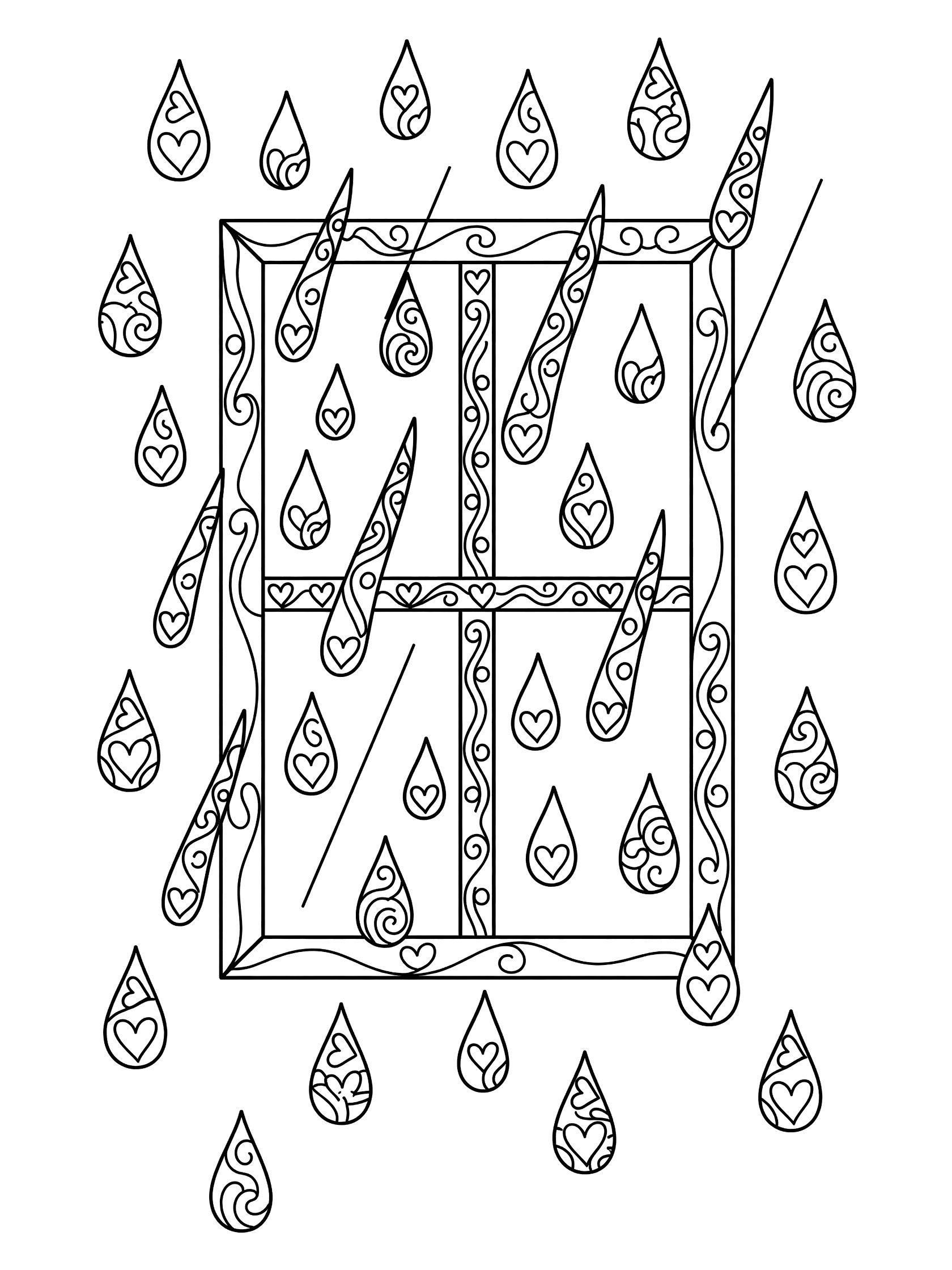 Black and white line art of a rectangular window pane with straight and wavy rain streaks, heart and swirl doodles inside panes, and corner rain droplets.