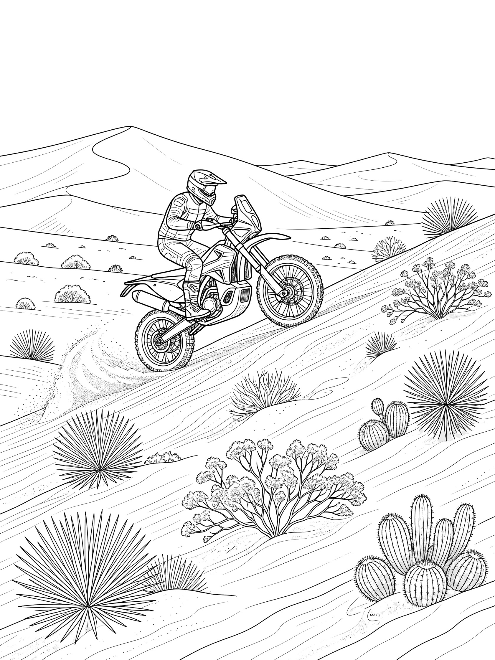 Black-and-white coloring page of a rally bike with rider climbing a steep sandy hill, front wheel lifted, rear tire digging into sand, desert plants and dunes in background.