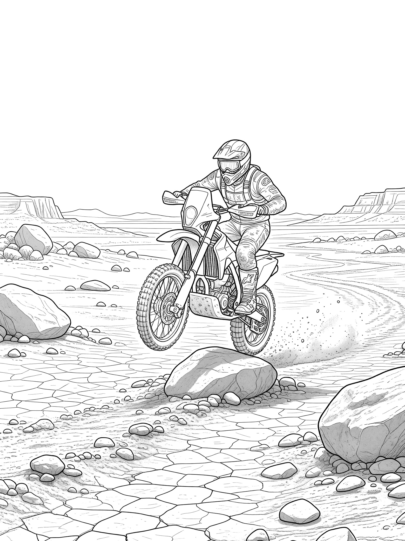 Black and white line art of a rally bike with rider jumping slightly over a large rock in a bouldery dry riverbed with cracked earth and scattered stones.
