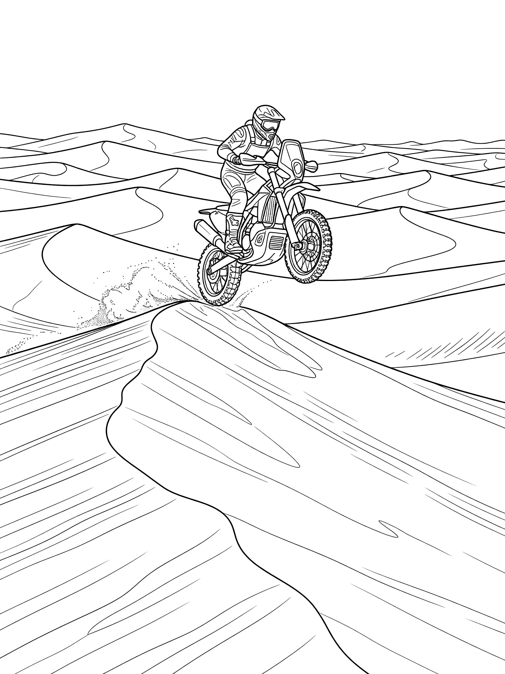 Black-and-white coloring page of a rally bike jumping over towering sand dunes with a rider in helmet and gear, sand kicking up from wheels.
