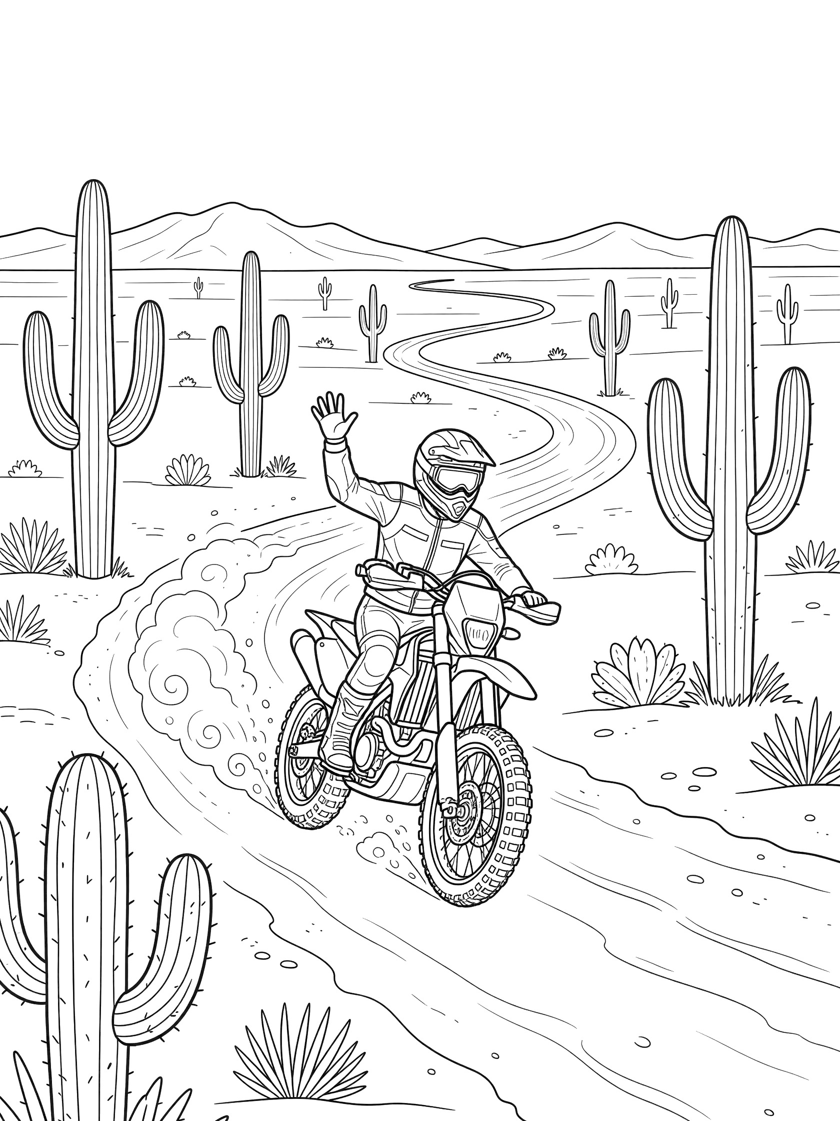 Black and white line art of a rally bike racing on a sandy desert path lined with tall cacti, rider in helmet waving one hand, tires kicking up dust, mountains in background.
