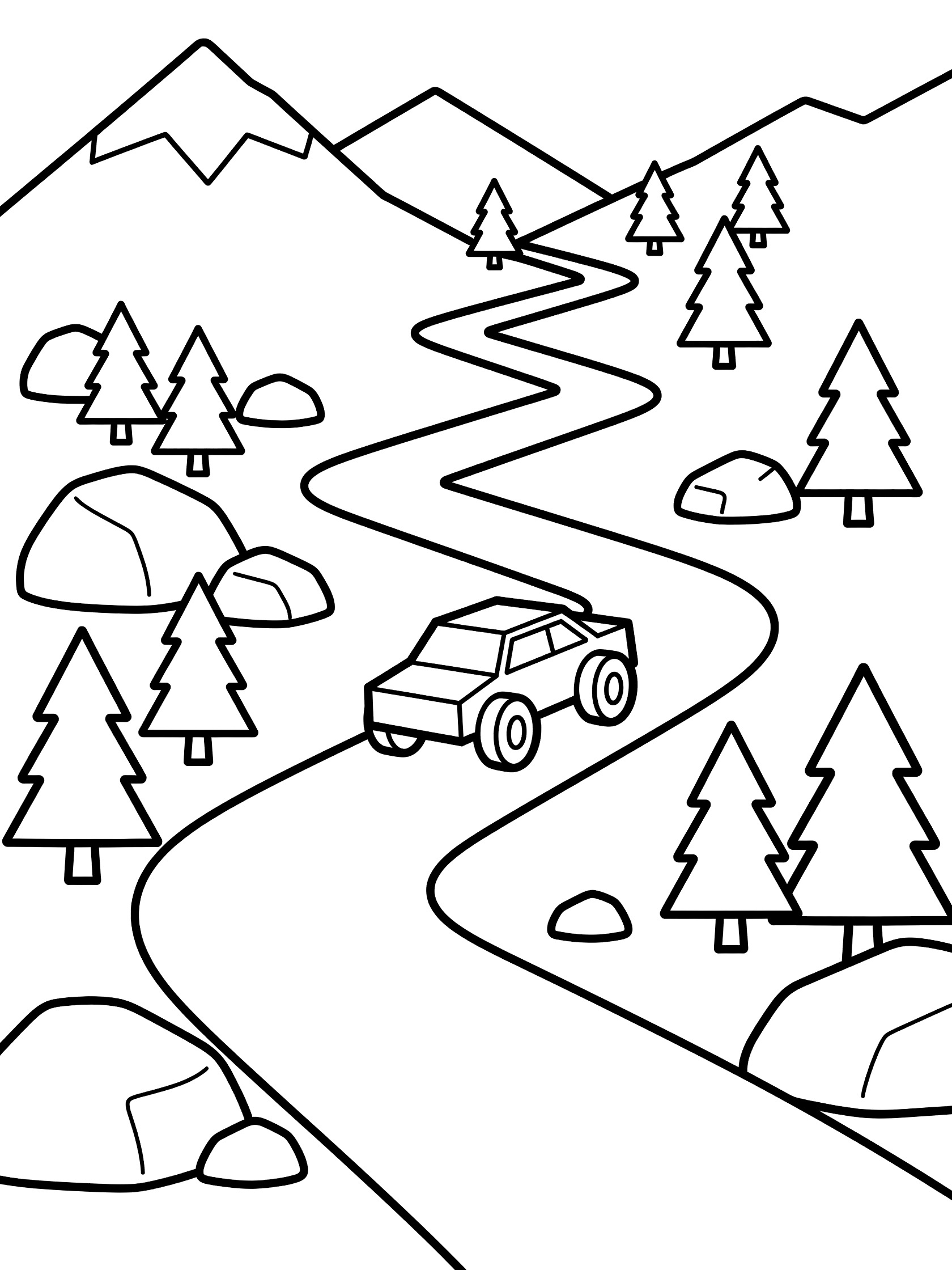 Black and white line art of a boxy rally car with big wheels driving up a winding mountain dirt road surrounded by pine trees, rocks, and layered peaks