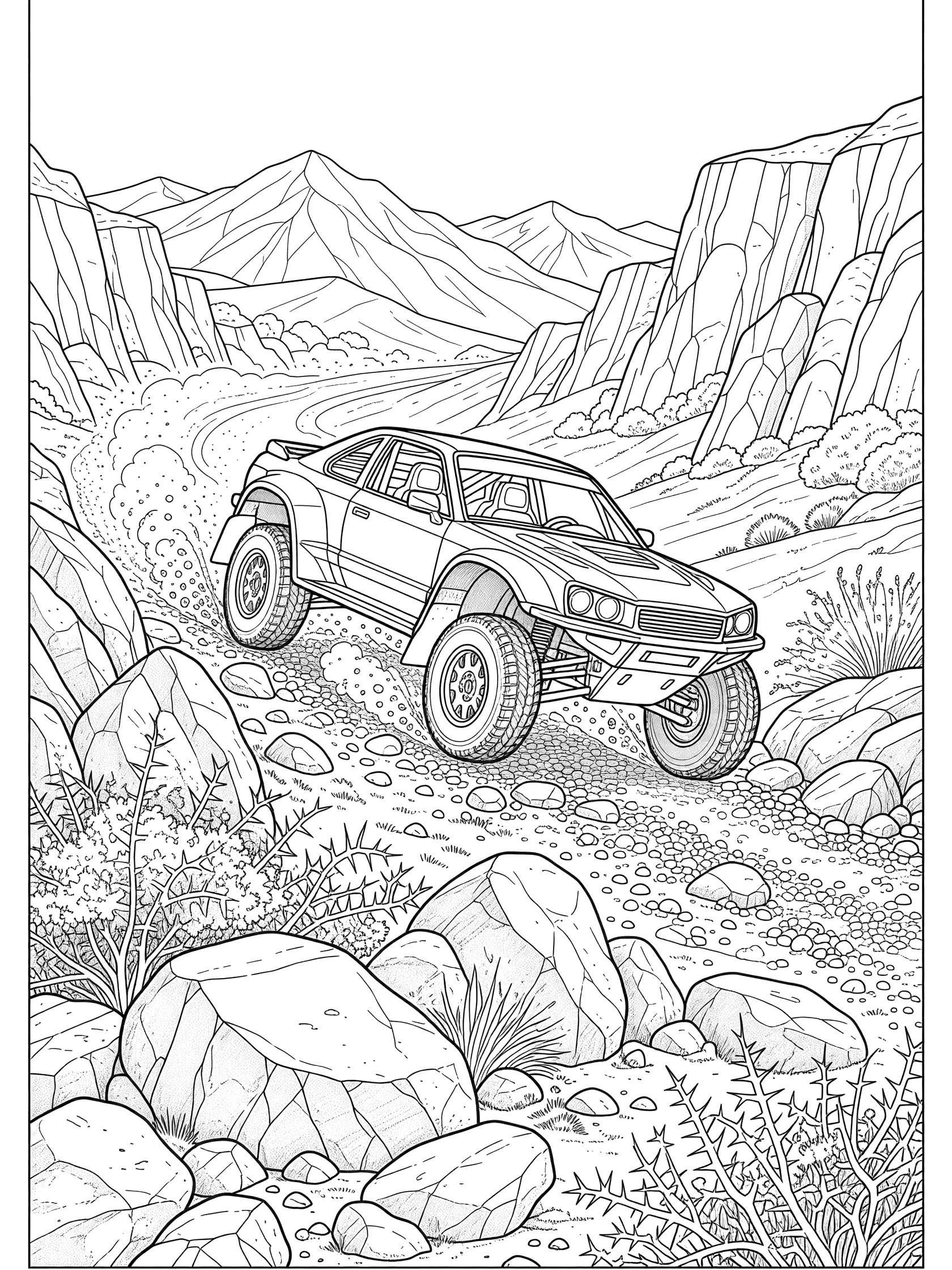 Black and white coloring page of a rally car tilted upward climbing a steep rocky hill, with oversized tires gripping boulders, roll cage, headlights, thorny bushes, and distant cliffs.