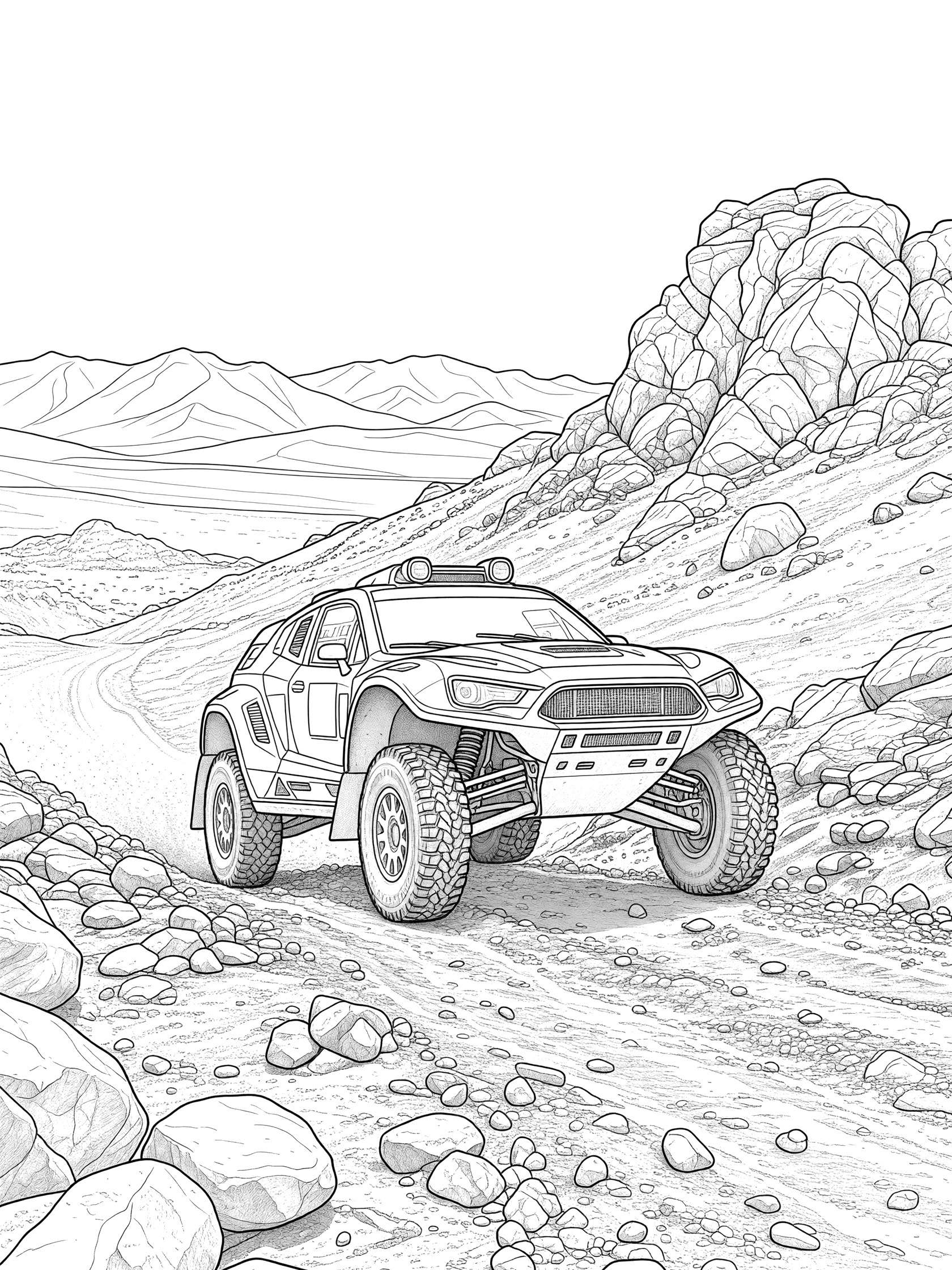 Black and white line art of a rally car climbing a steep rocky hill with boulders, loose stones, and distant mountains in a rugged desert scene.