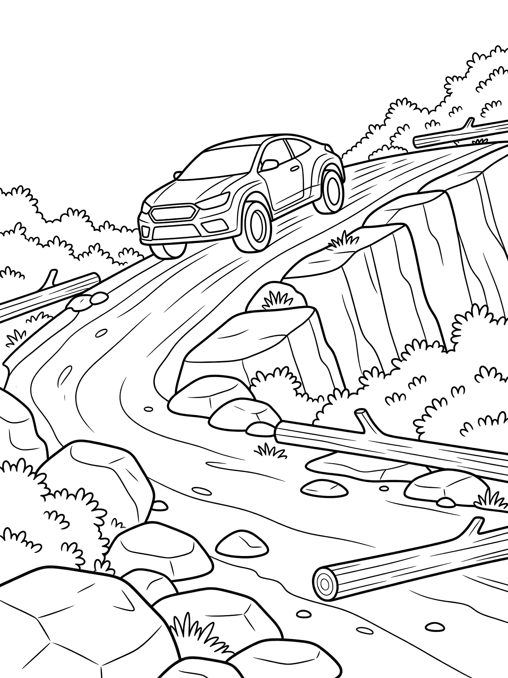 Black and white line art of a rally car climbing a steep rocky woodland hill with bushes, fallen logs and cliffs