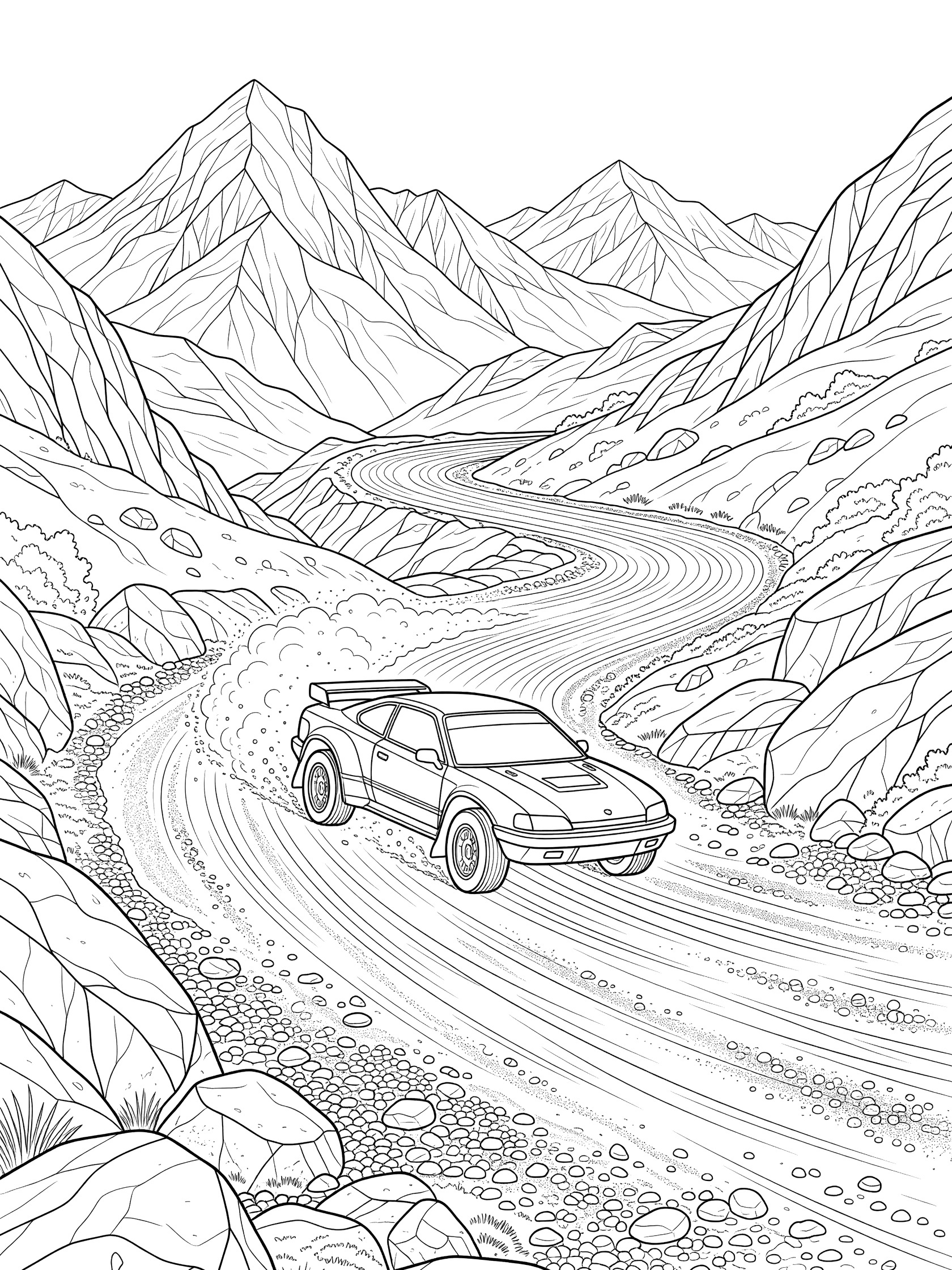 Black-and-white coloring page of a rally car drifting around a sharp mountain corner on a gravel trail with snow peaks and rocks