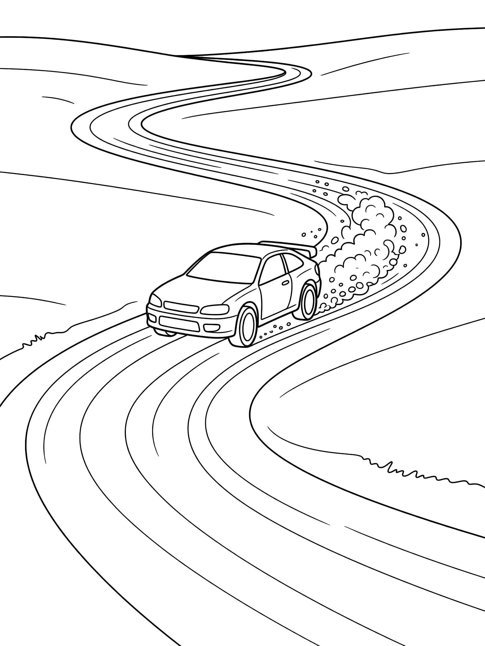 Black-and-white line art of a rally car drifting around a tight bend on a dirt road, with gravel flying from rear tires and open fields around.