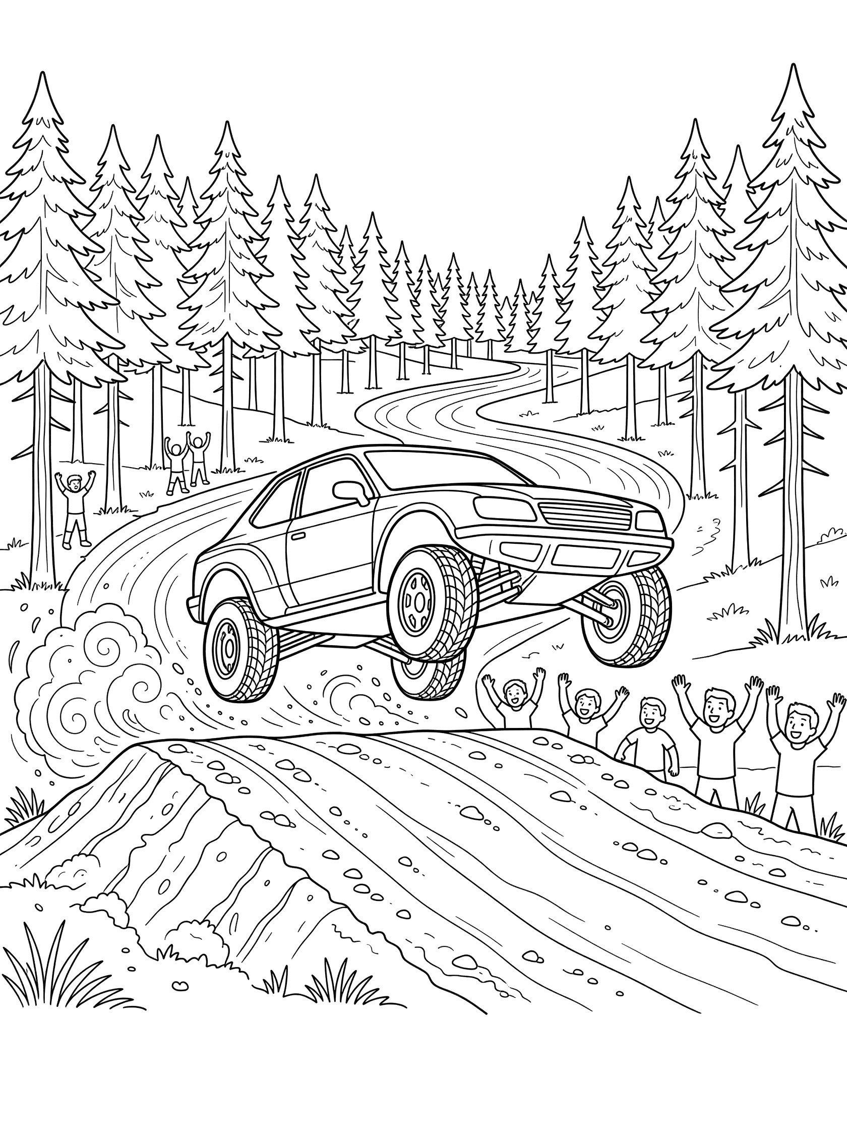 Black-and-white coloring page of a rally car jumping high over a dirt ramp during a forest rally race, with dust clouds, pine trees, winding track, and kids cheering on the roadside.