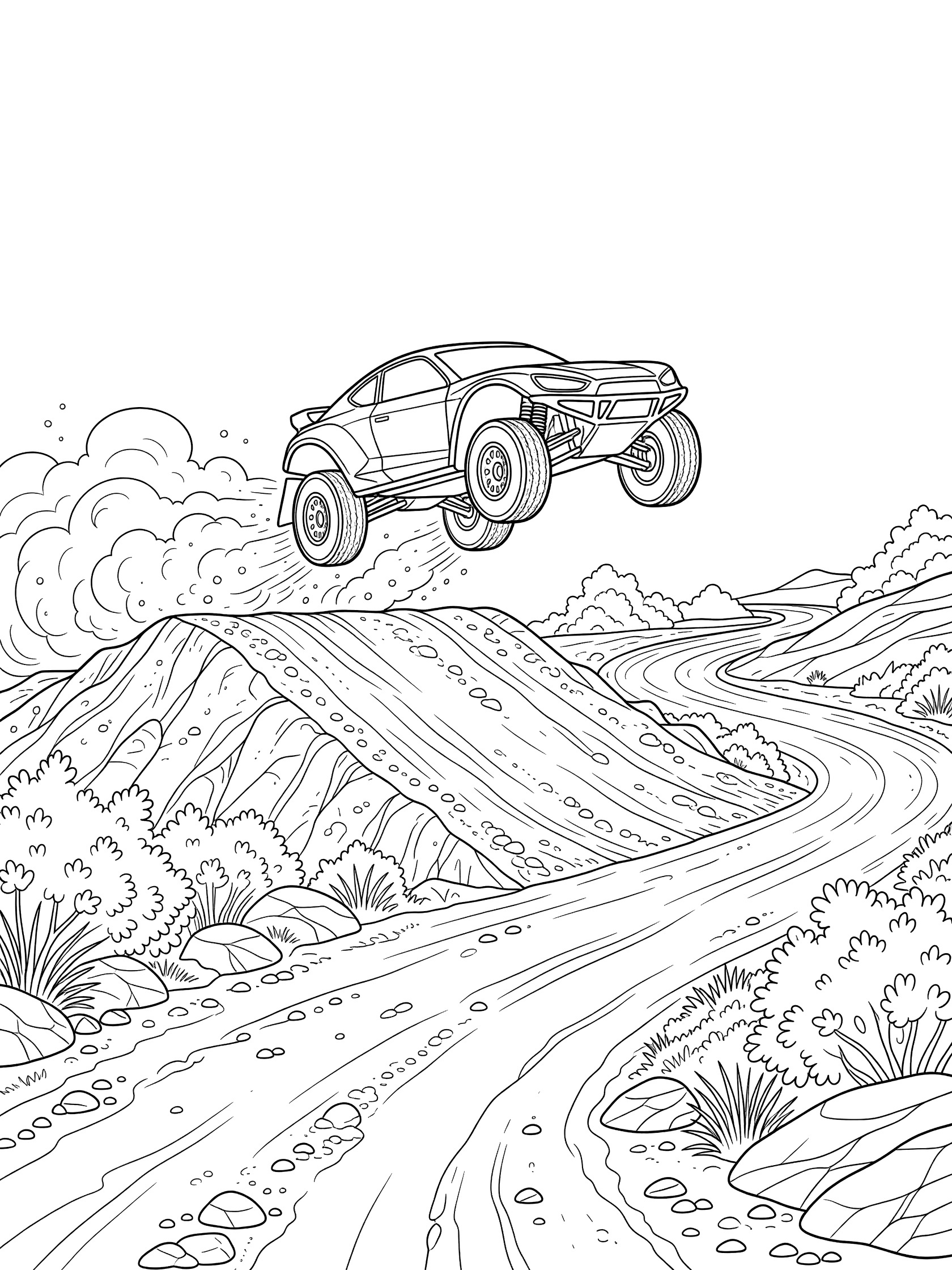 Line art coloring page showing a rally car leaping off a dirt ramp on a winding dirt road with bushes, rocks and billowing dust from the tires.