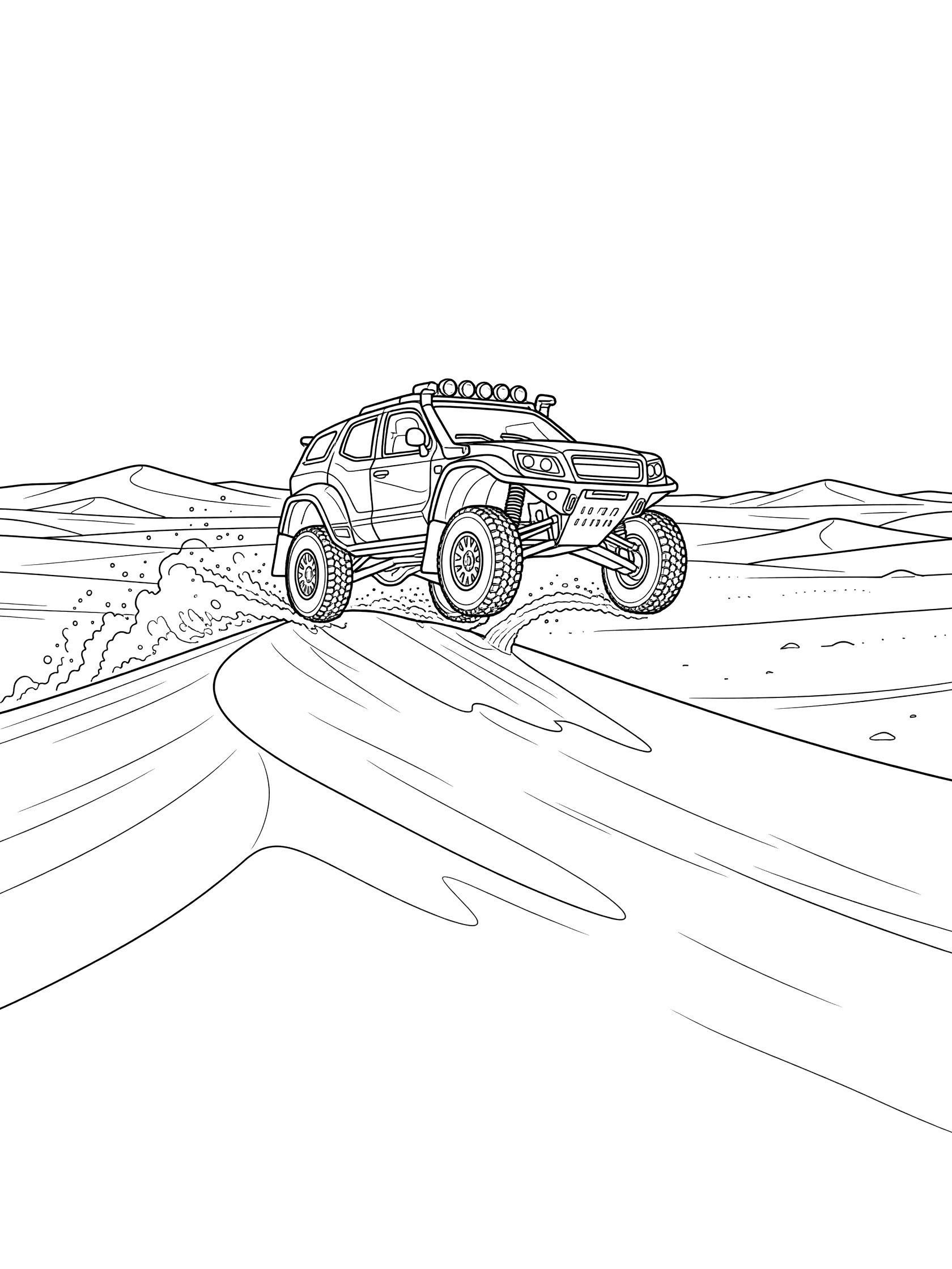 Printable coloring page of a rugged rally car jumping over a huge sand dune, with flying sand from tires and vast desert dunes behind it.