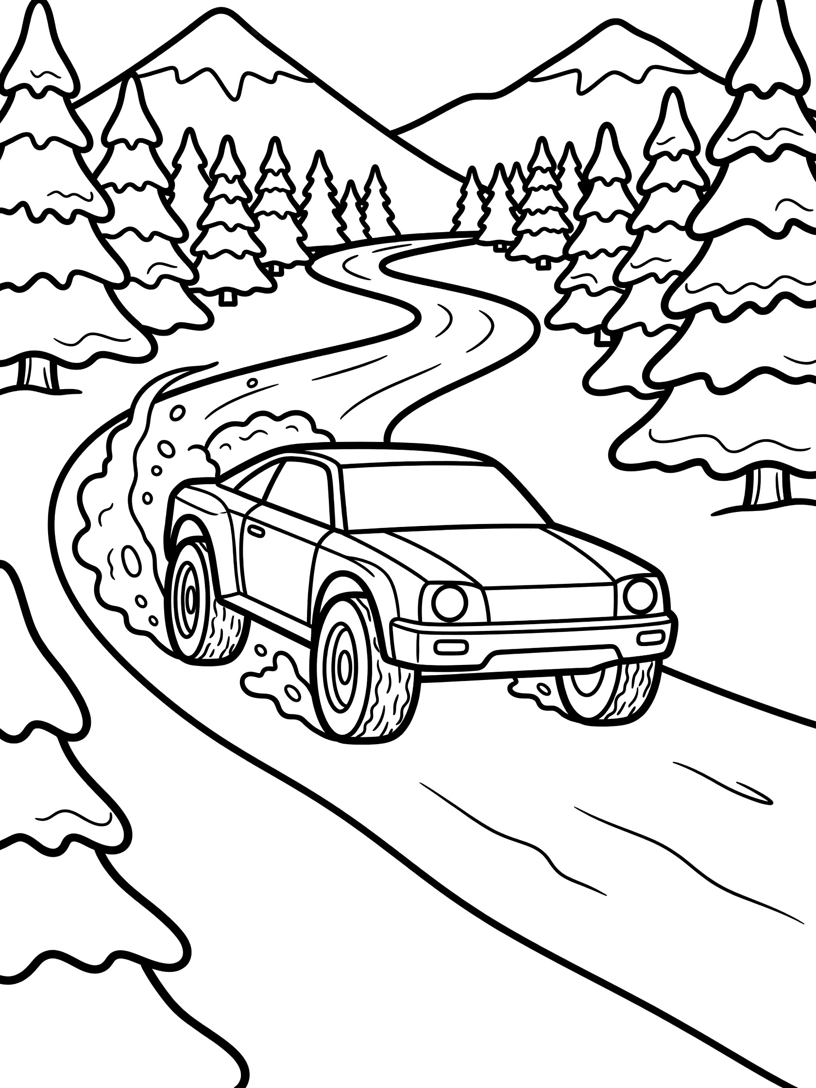 Black and white line art of a rally race car drifting on a snowy curved road surrounded by pine trees and tall mountains