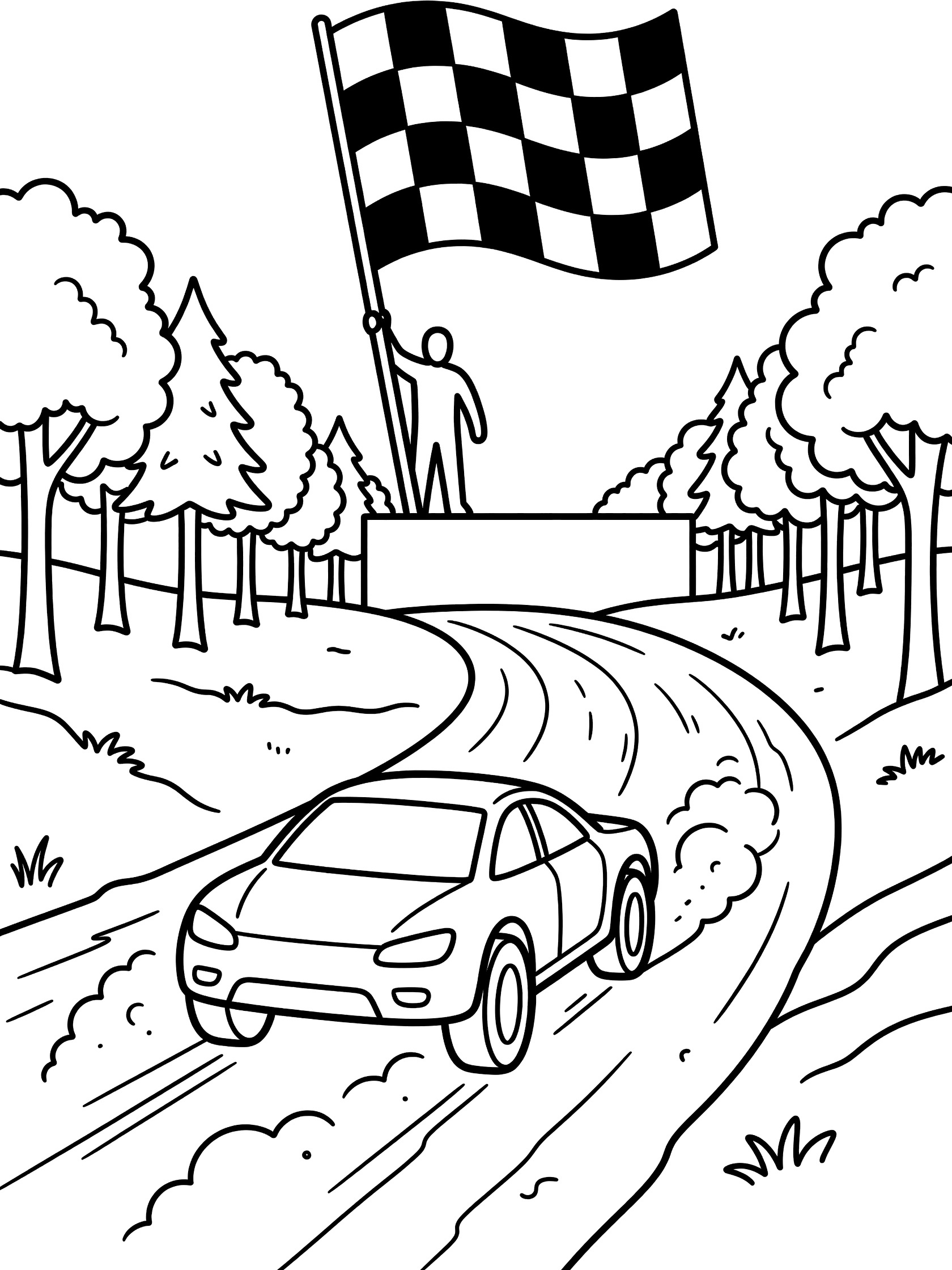 Black and white coloring page of a rally car speeding on dirt track toward large waving checkered flag held by official on platform, trees lining forest path.