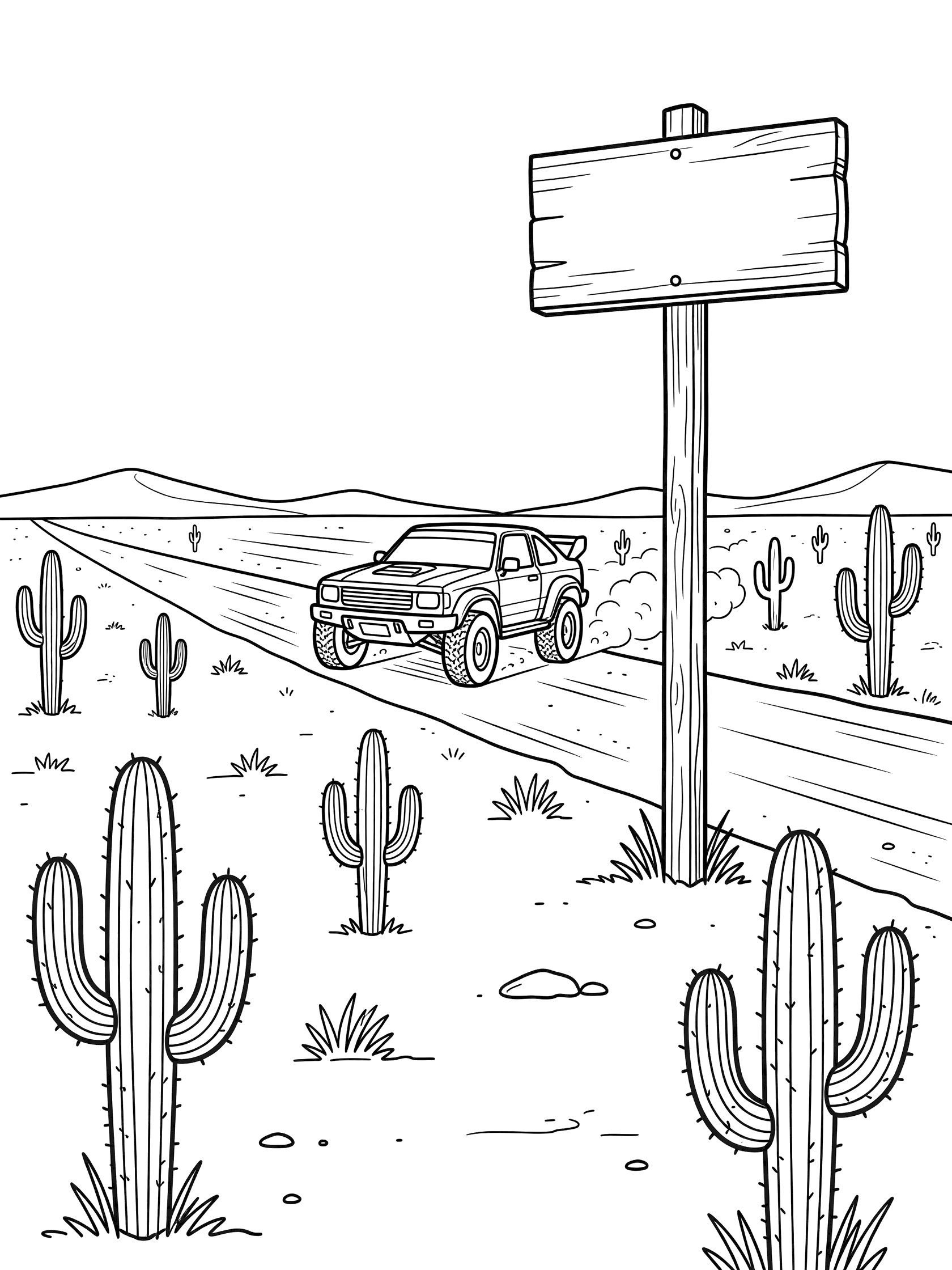 Black and white coloring page of a rally car racing straight on a dirt road past a tall wooden signpost with desert cacti and speed lines.