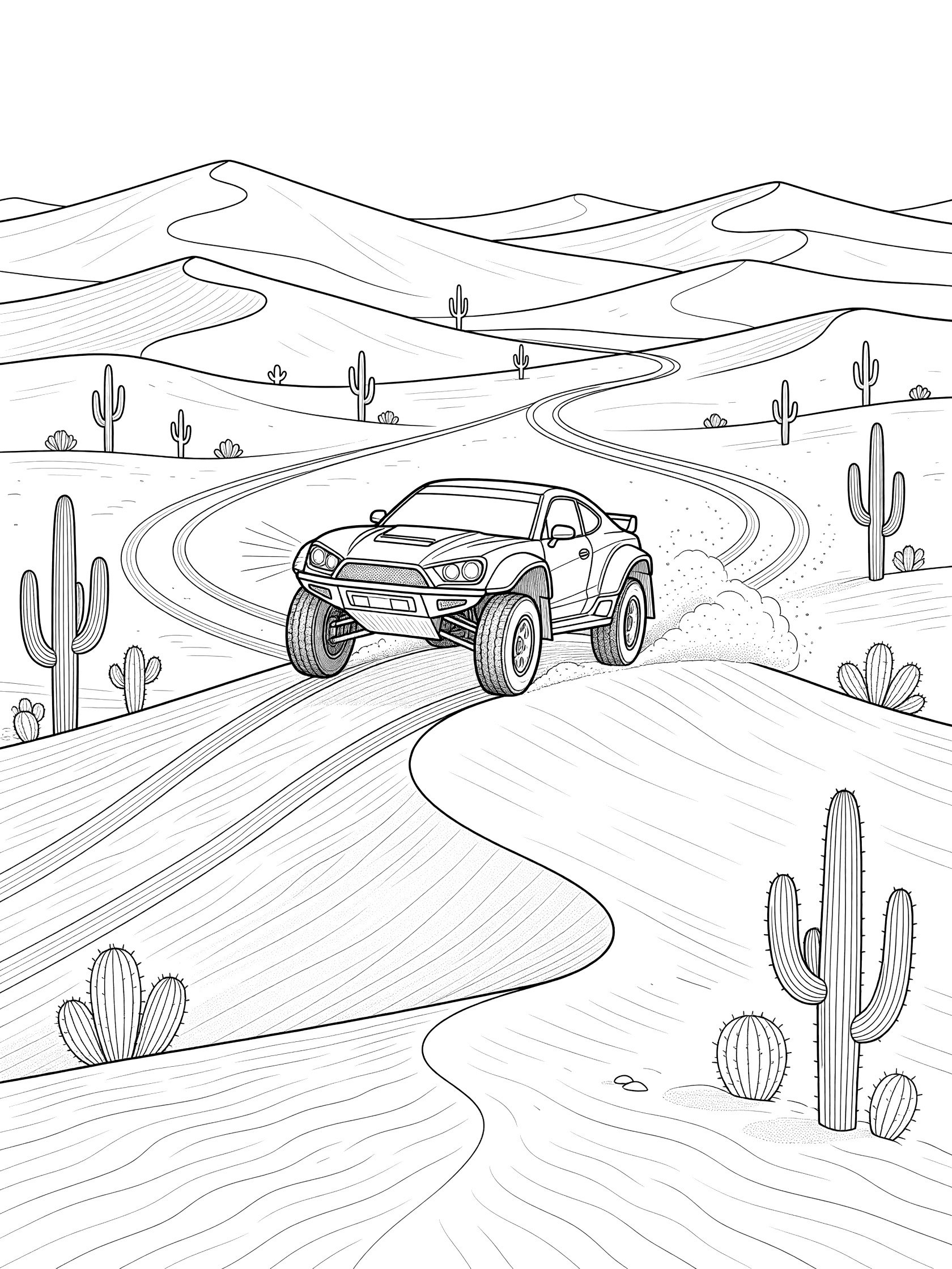 Black and white line art of a rally car powering up sandy desert dunes, surrounded by cacti and tire tracks in a rally race scene.