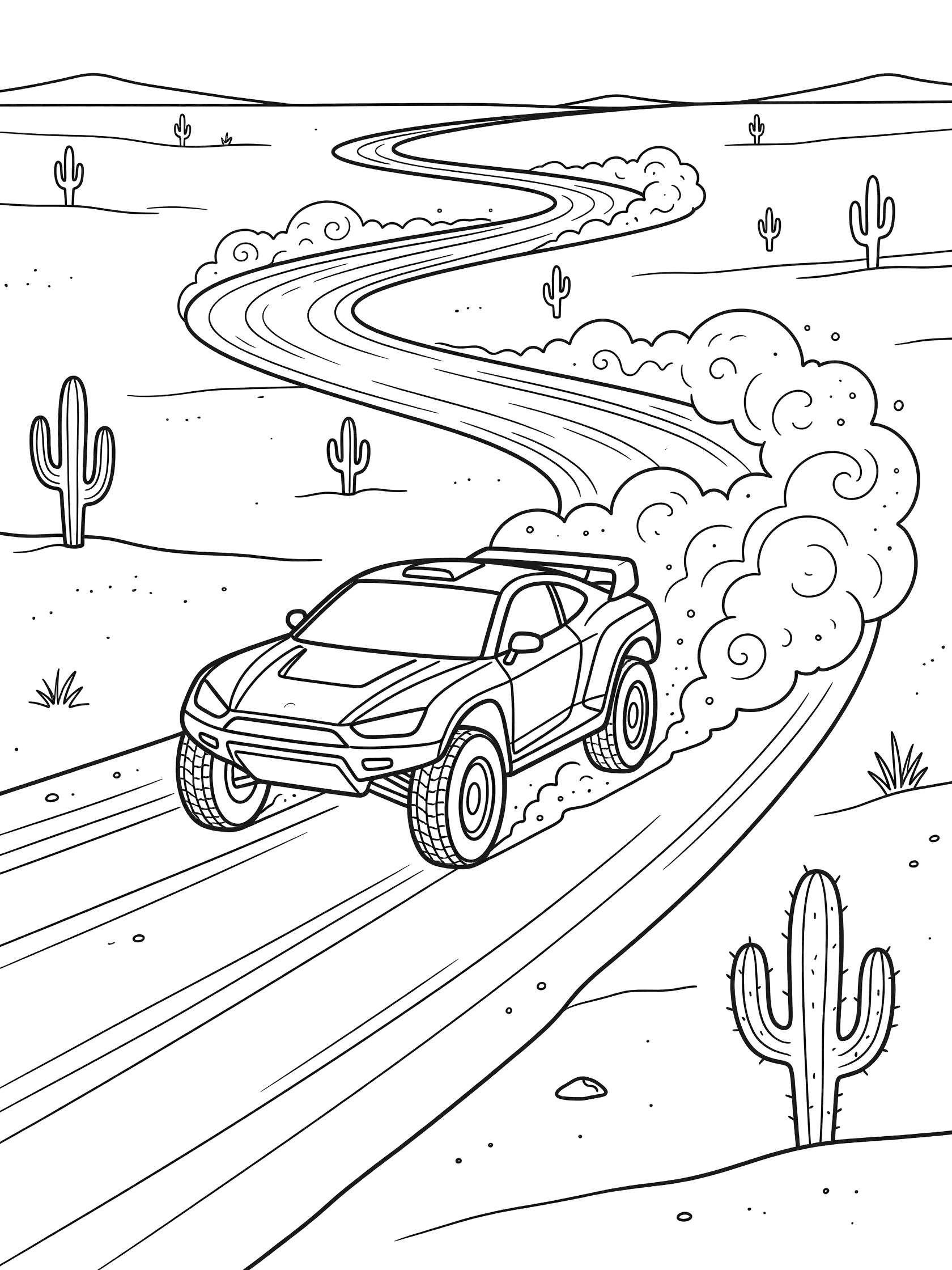 Black and white line art of a rally car racing fast on a curvy sandy desert track, with dust clouds behind the wheels and cacti in the flat plains.