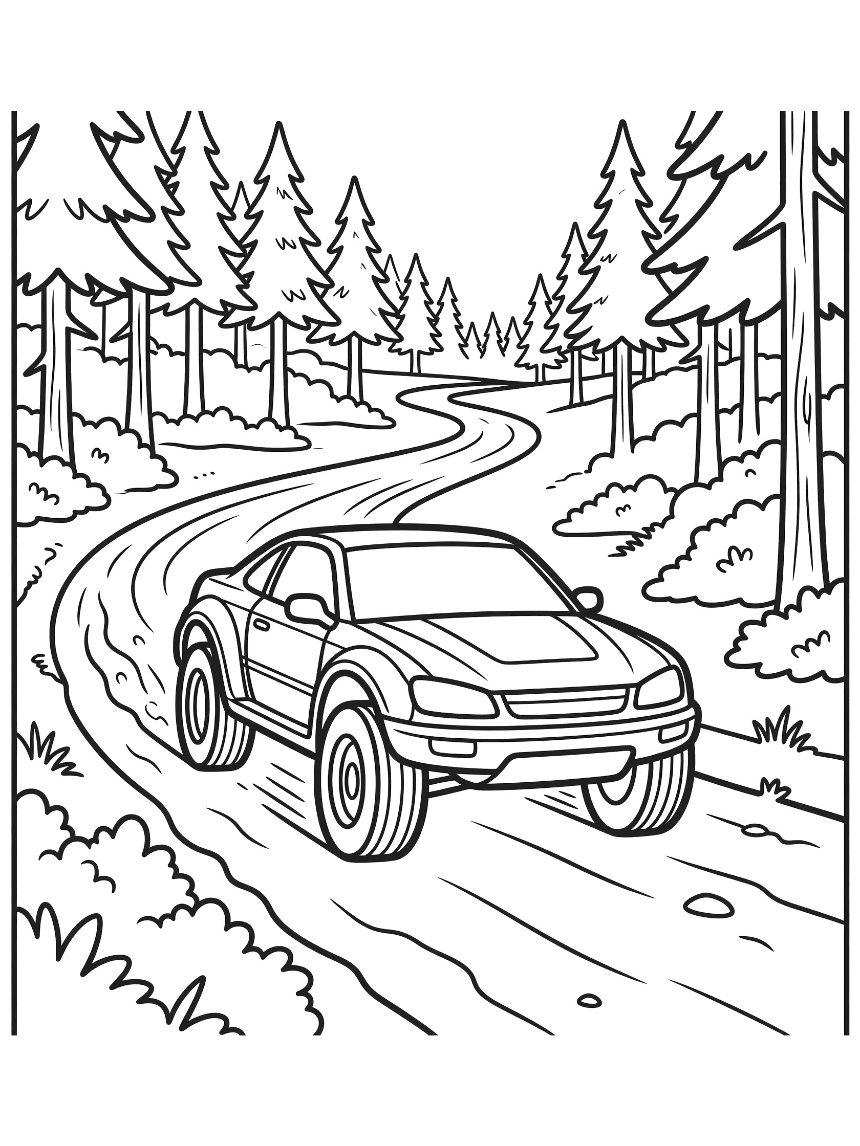 Printable coloring page showing a rally car in motion on a curvy forest trail lined with pine trees and bushes, with big knobby tires and speed details.