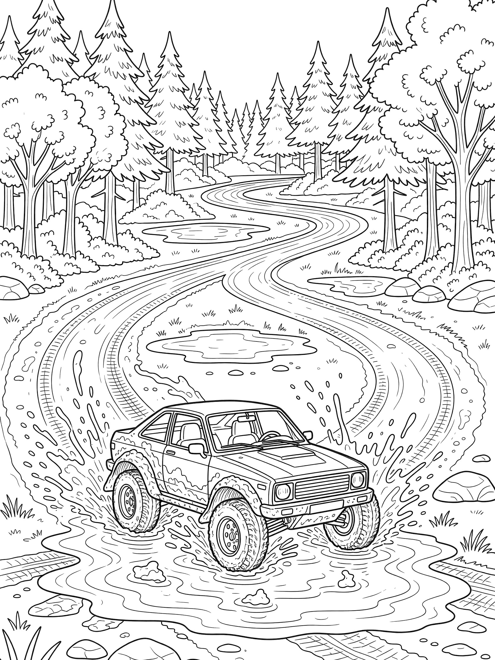 Line art coloring page showing a rally car driving through a muddy puddle on a curvy dirt rally track, with mud splashes from knobby tires, trees, bushes, rocks, and tire tracks.