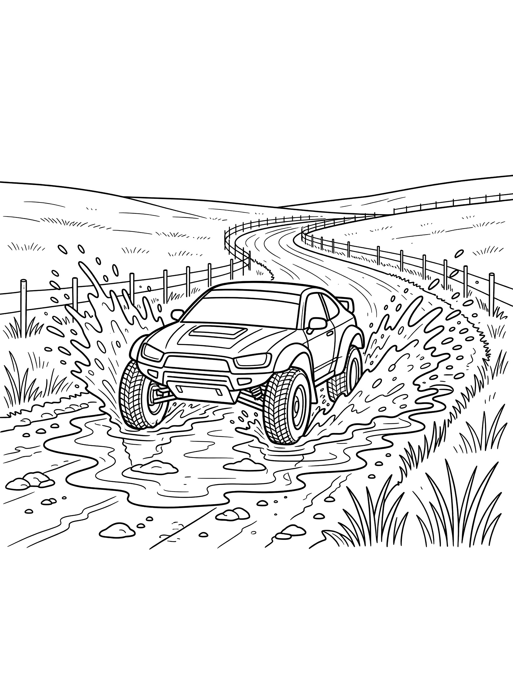 Black and white line art of a rally car racing through muddy puddles on a rural dirt road, splashing mud high with big tires, grassy fields and fences nearby.